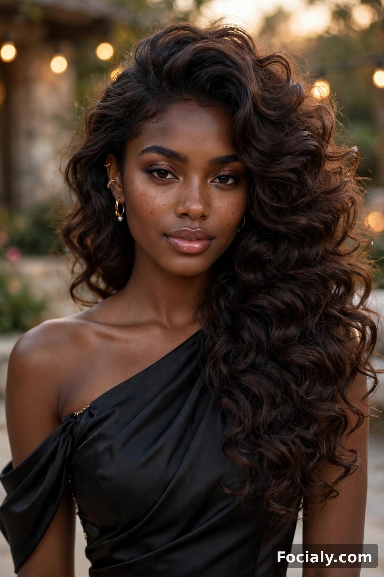 Side-swept voluminous curls hoco hairstyle