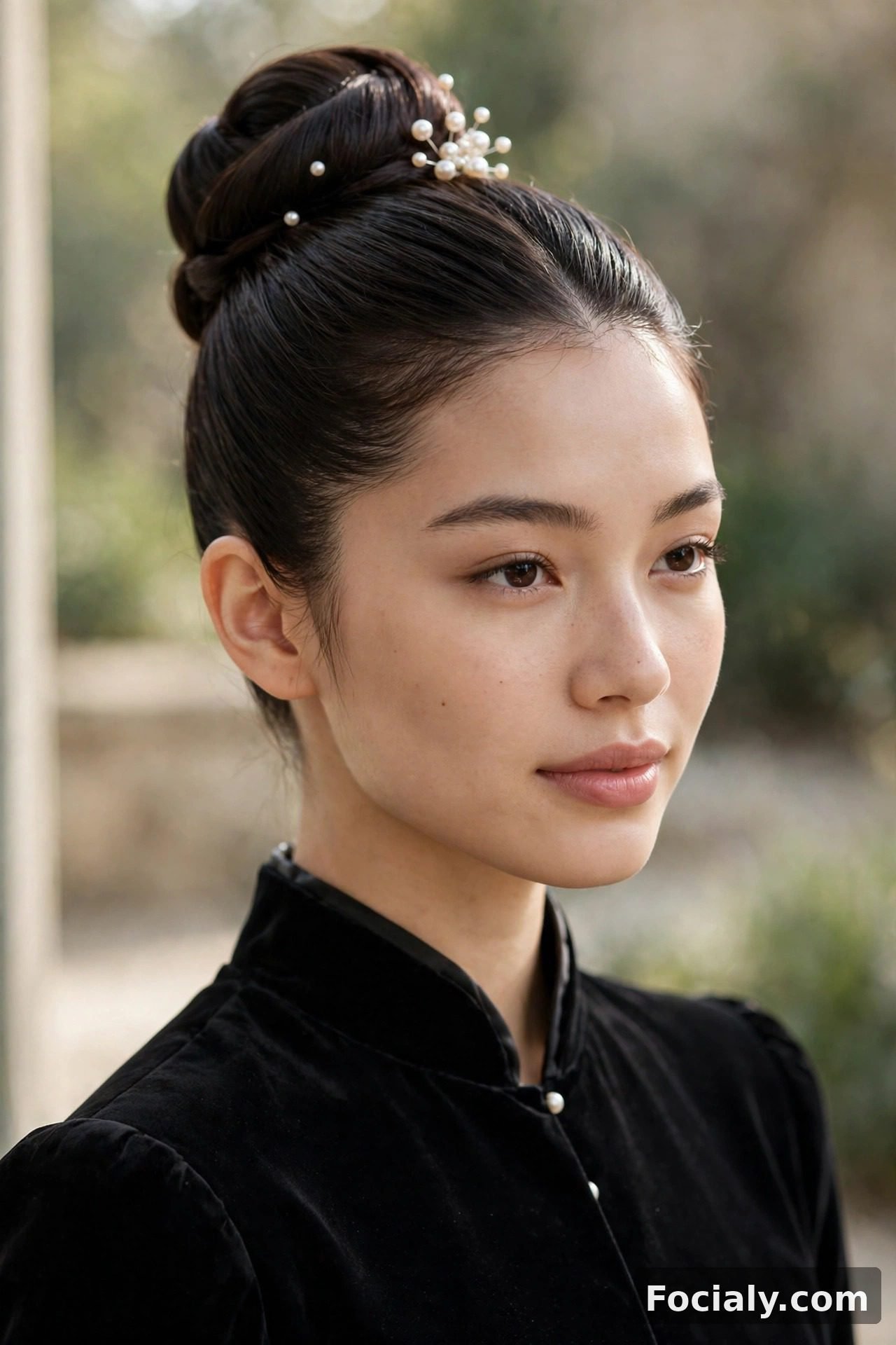 Ballerina bun with pearl accessories hoco hairstyle