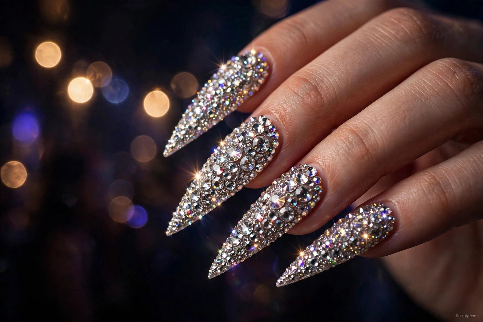 Crystal rhinestone stiletto hoco nails sparkling under party lights