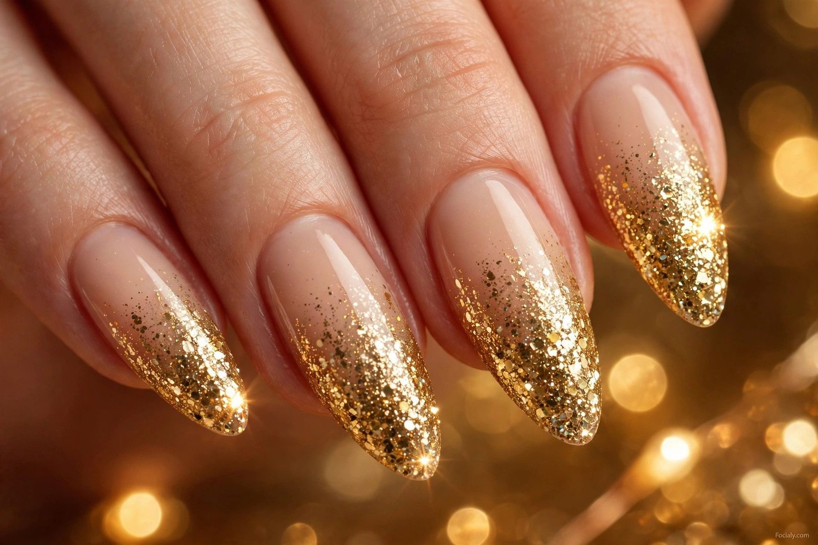 Gold glitter ombre almond hoco nails fading from nude to sparkle