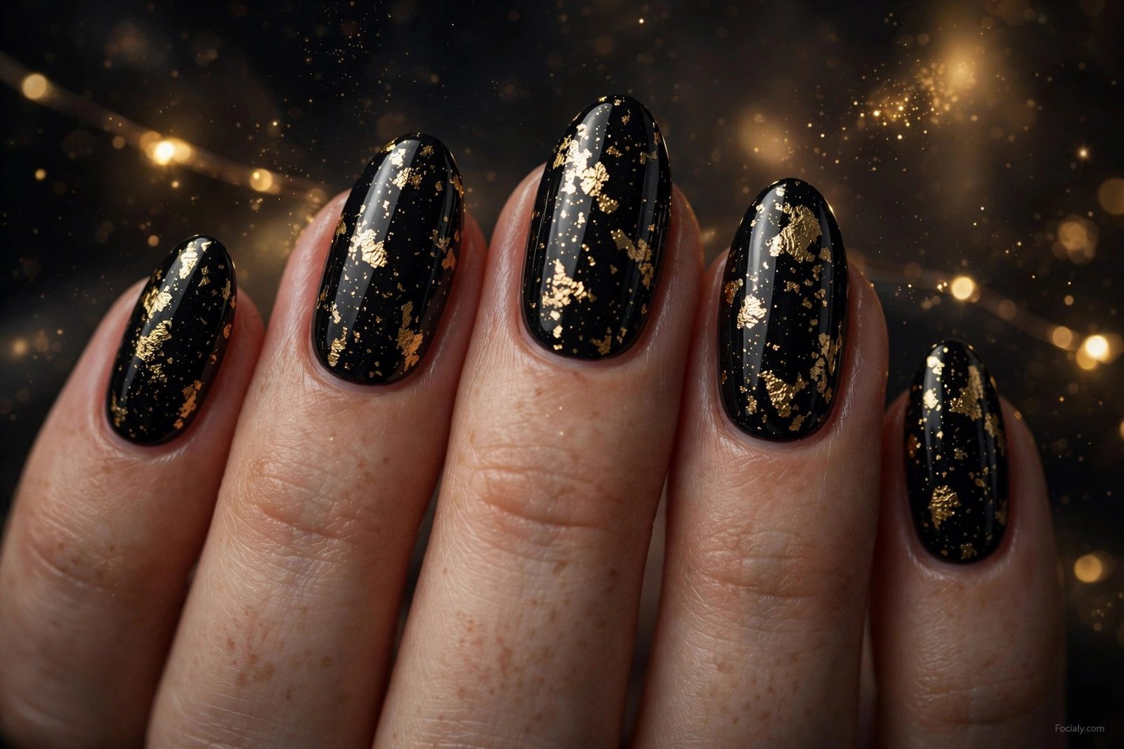 Glossy black almond hoco nails decorated with gold foil flakes