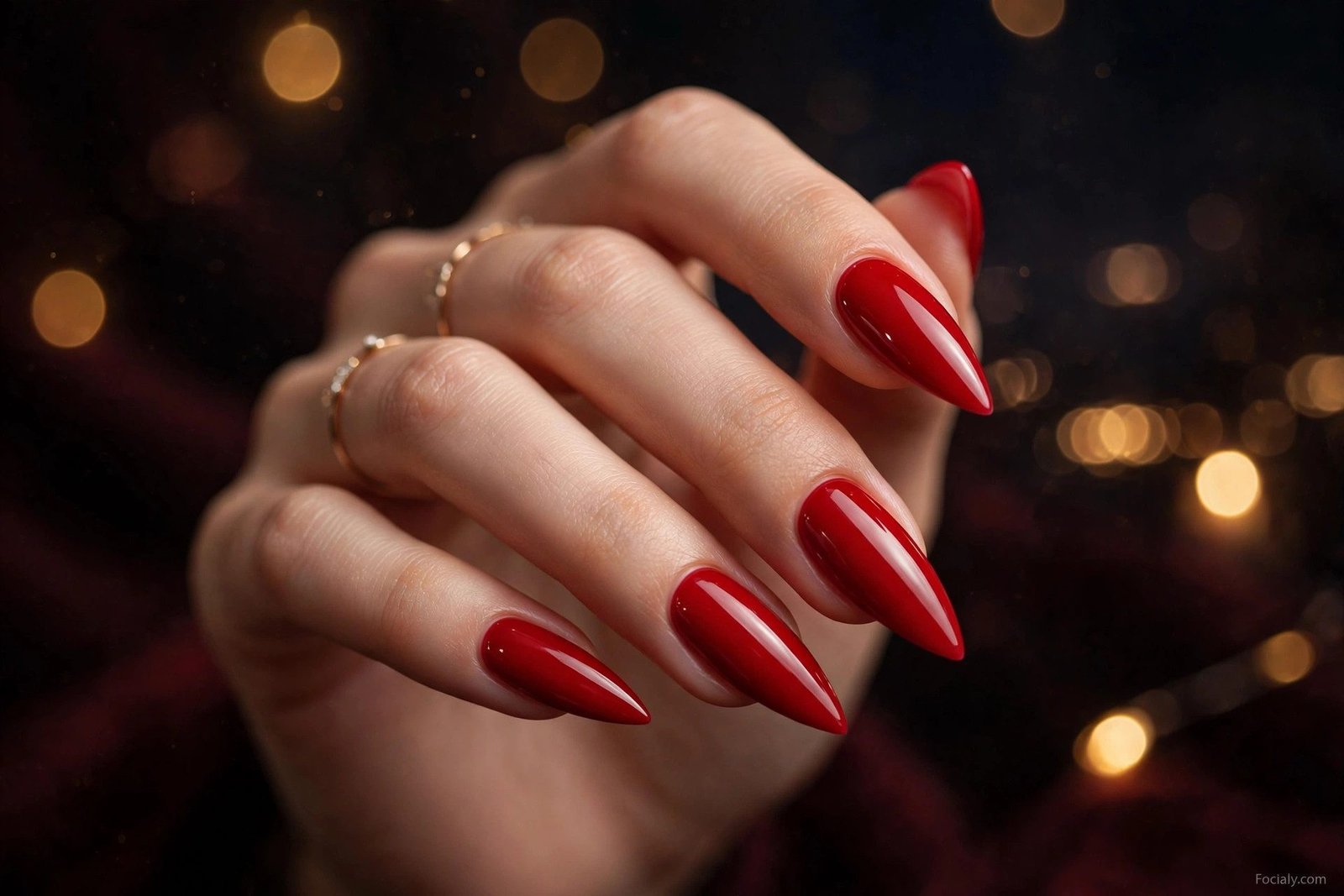 Classic glossy red stiletto hoco nails with red-carpet glam