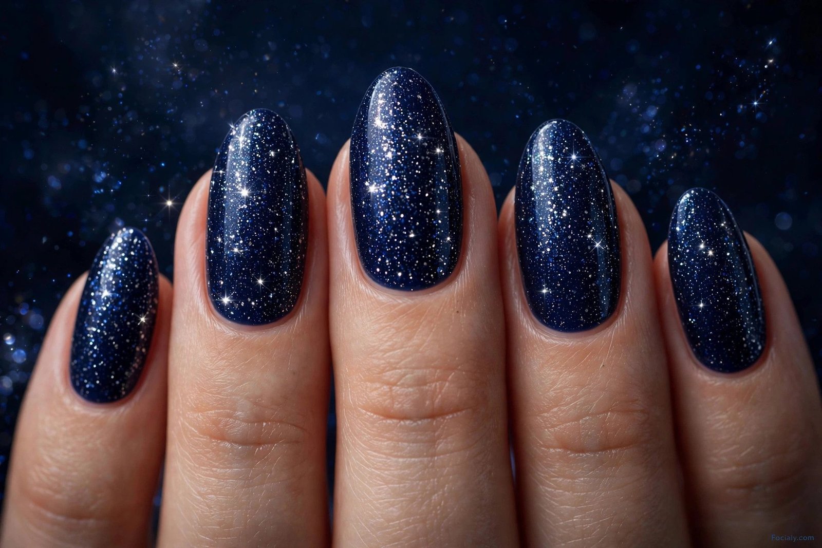 Midnight navy blue hoco nails with starry silver glitter