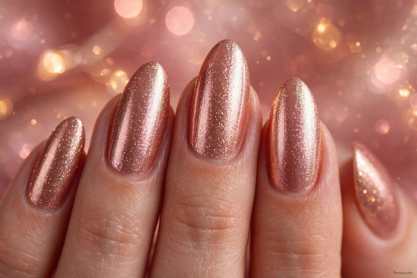 Rose gold shimmer almond hoco nails with fine glitter