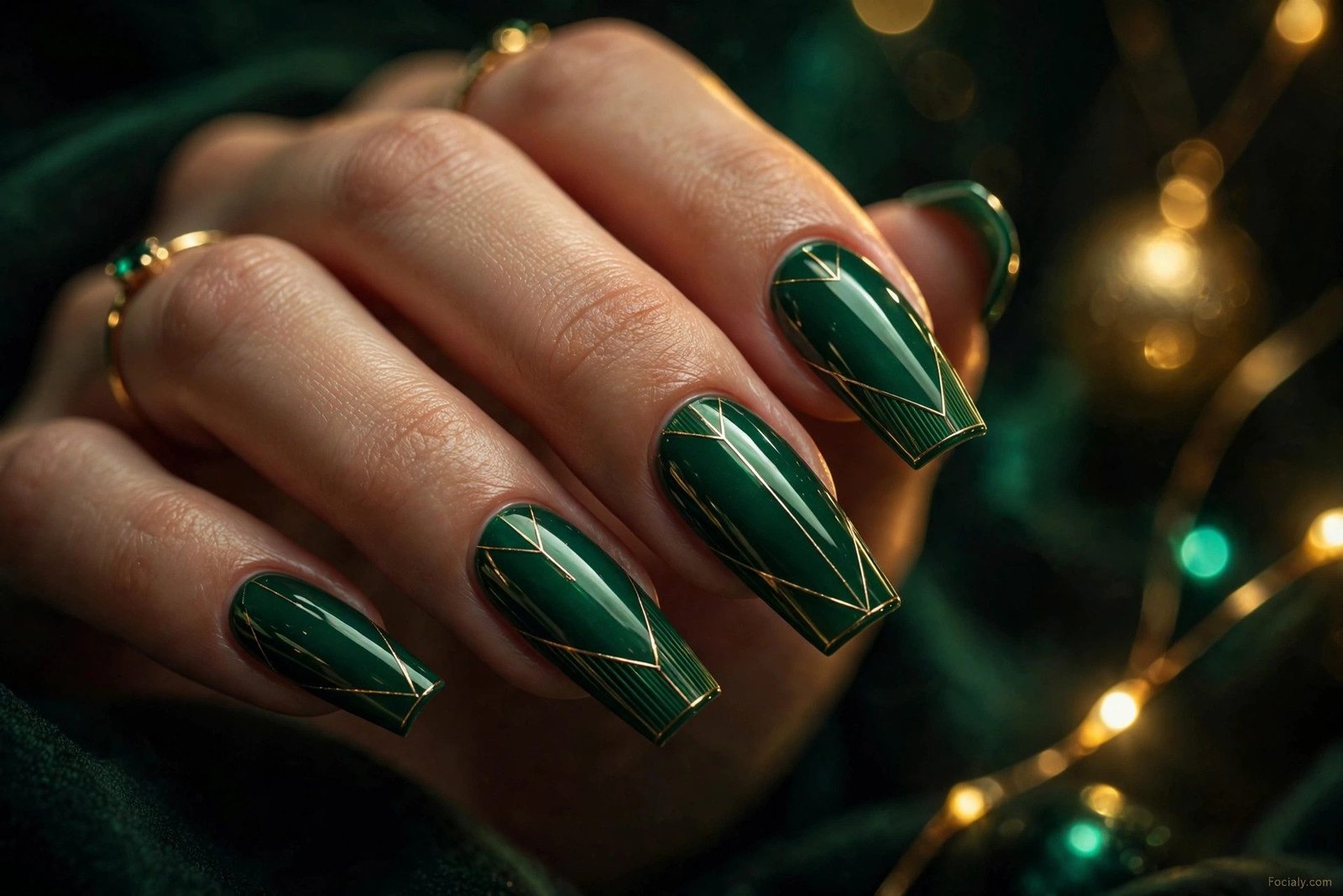 Emerald green coffin hoco nails with thin gold line accents