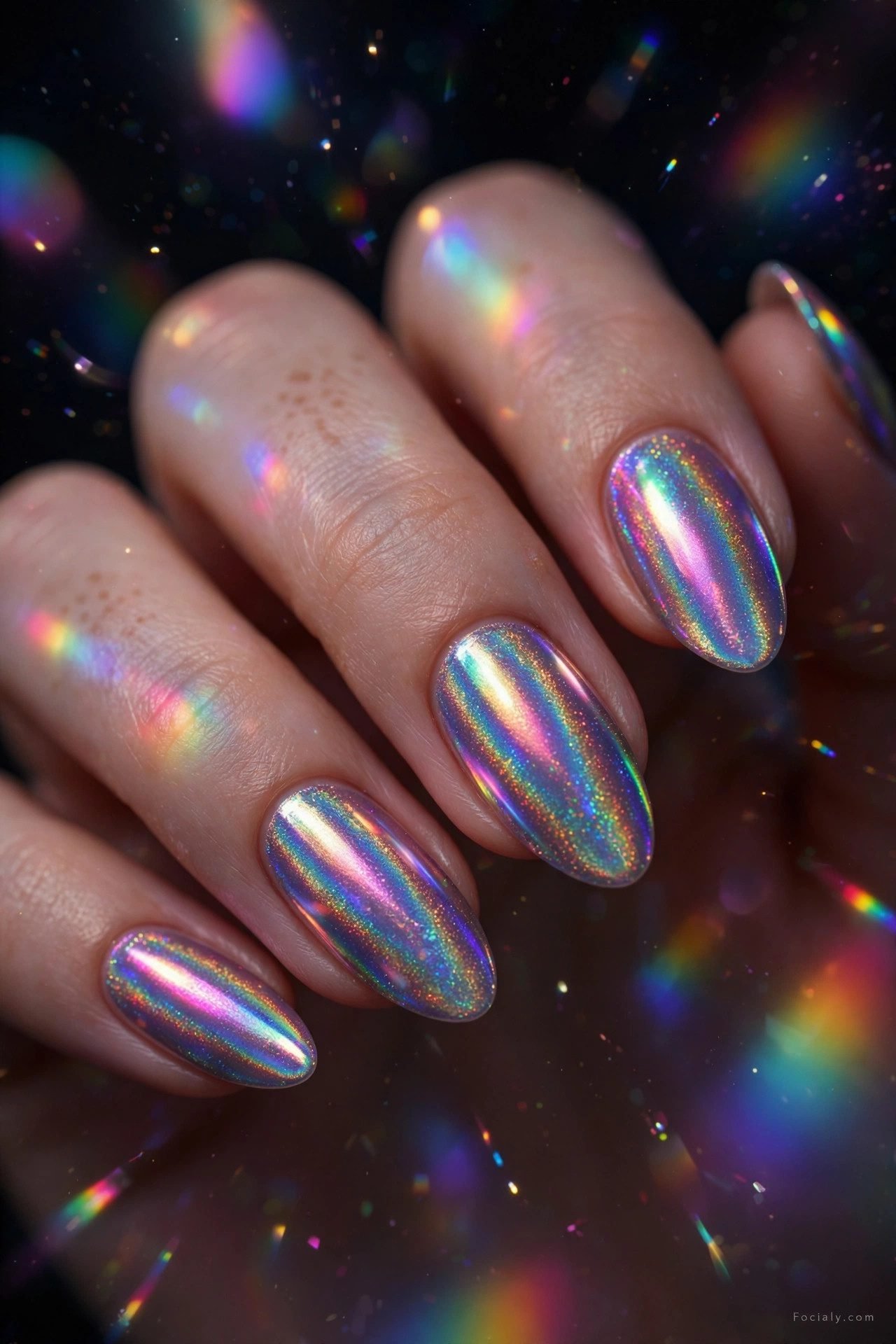 Holographic iridescent hoco nails shifting through rainbow colors