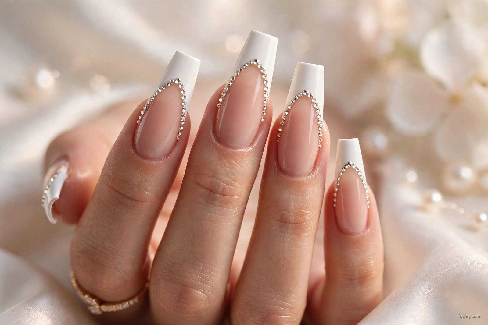 White French tip hoco nails lined with tiny crystal rhinestones