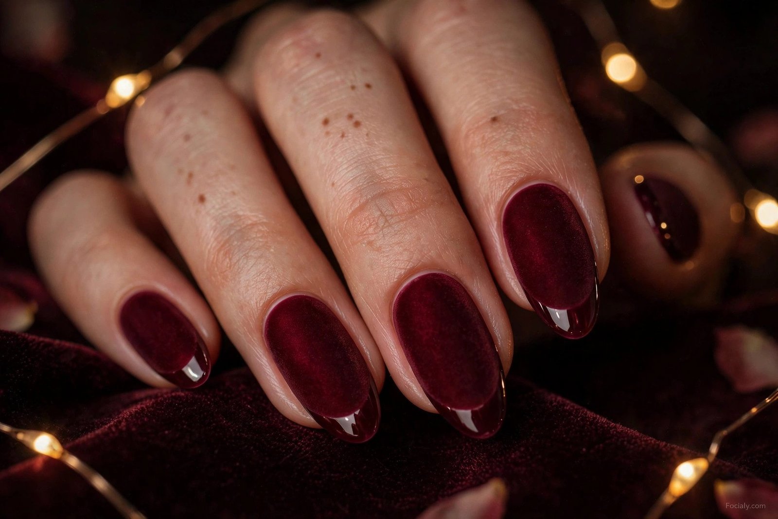Burgundy velvet matte hoco nails with glossy French tips
