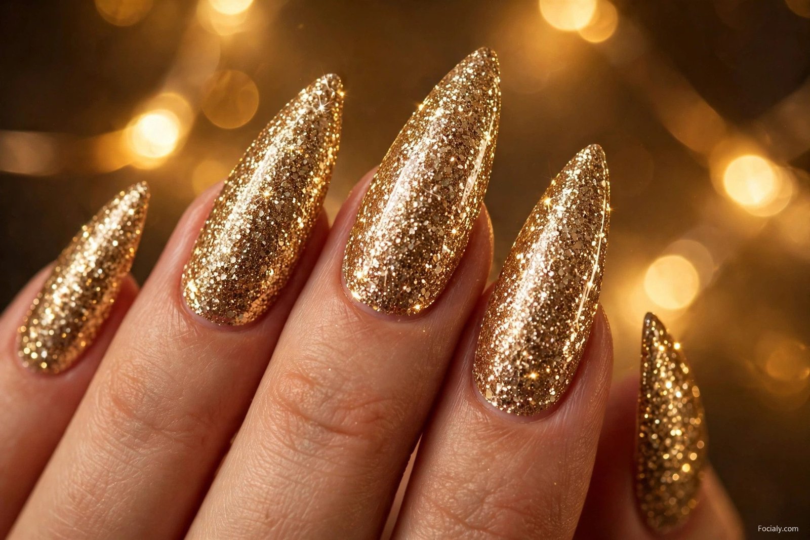 Champagne gold glitter hoco nails with full sparkling coverage