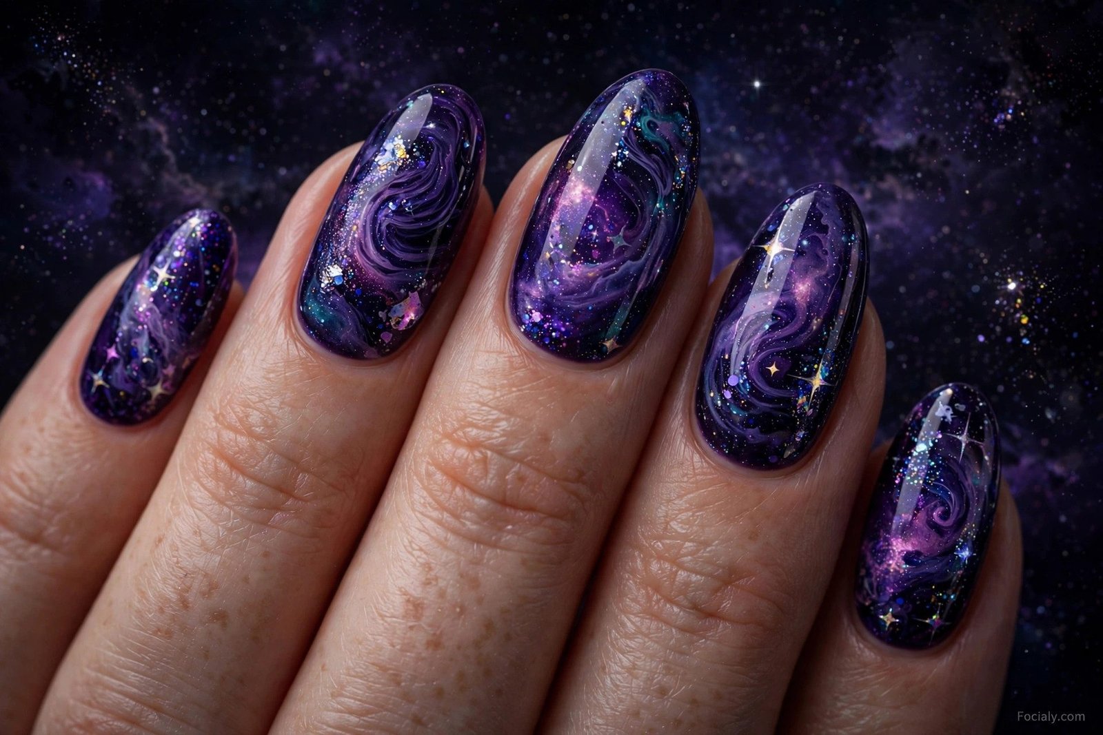 Deep purple galaxy hoco nails with cosmic glitter and star sparkles