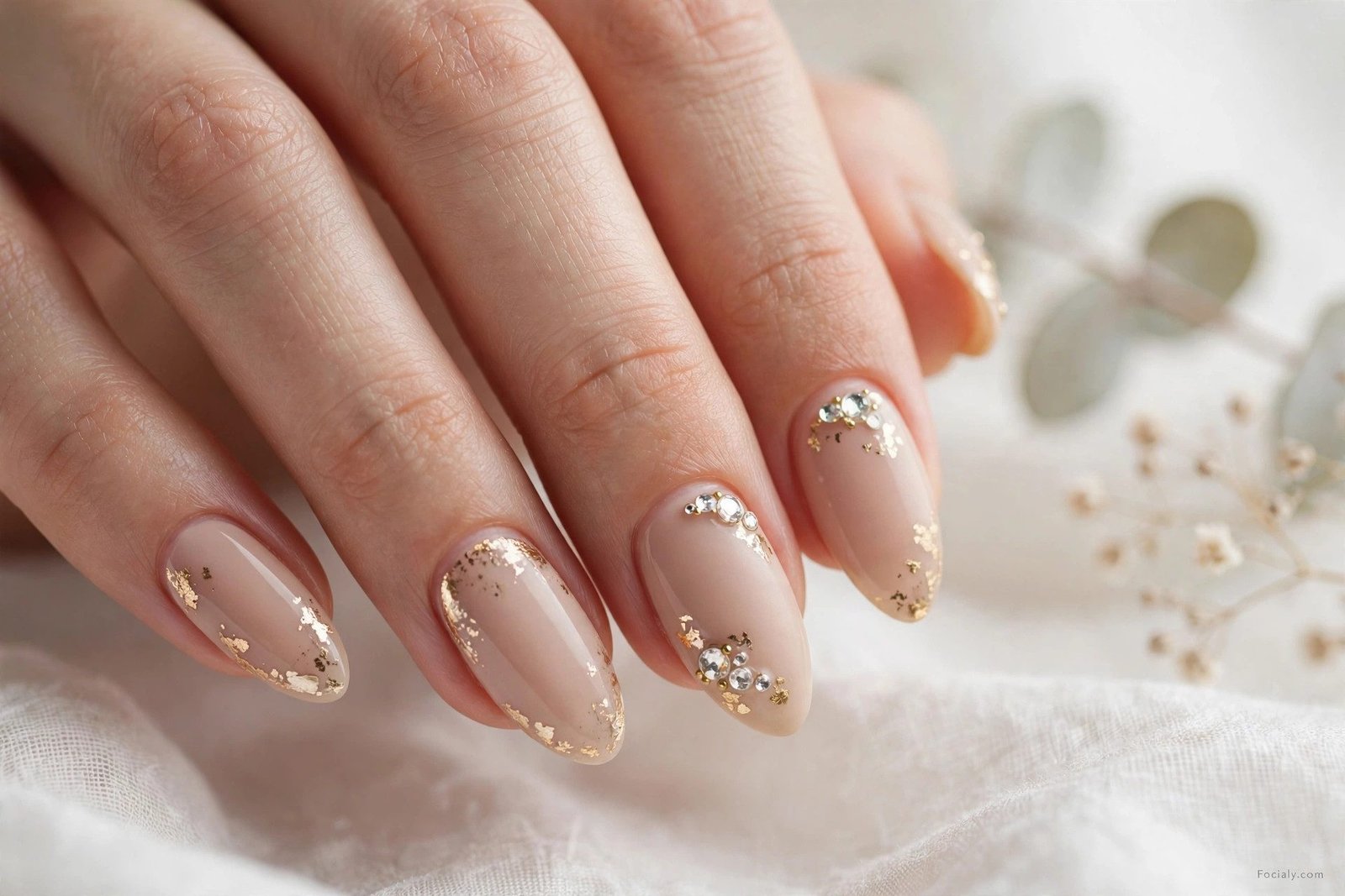 Nude almond hoco nails with gold foil accents and rhinestone gems