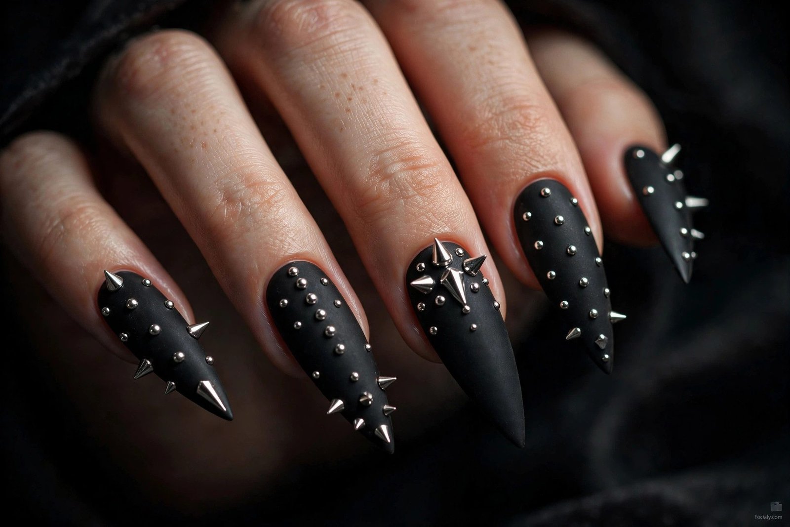 Matte black stiletto hoco nails decorated with silver studs