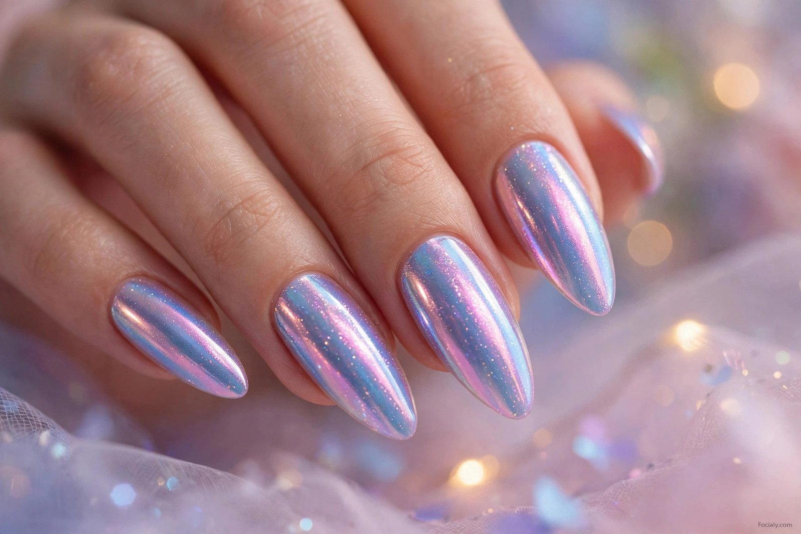 Iridescent mermaid chrome hoco nails in pastel pink blue and lavender