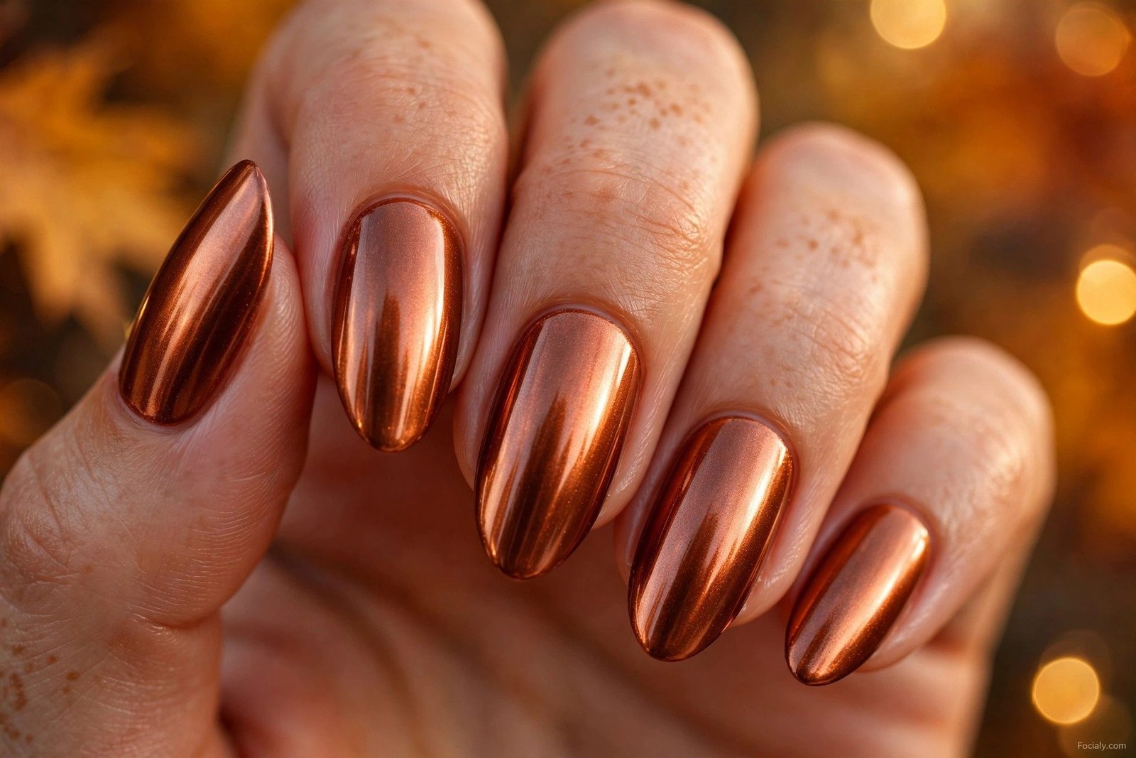 Glossy copper metallic almond hoco nails with warm bronze shine
