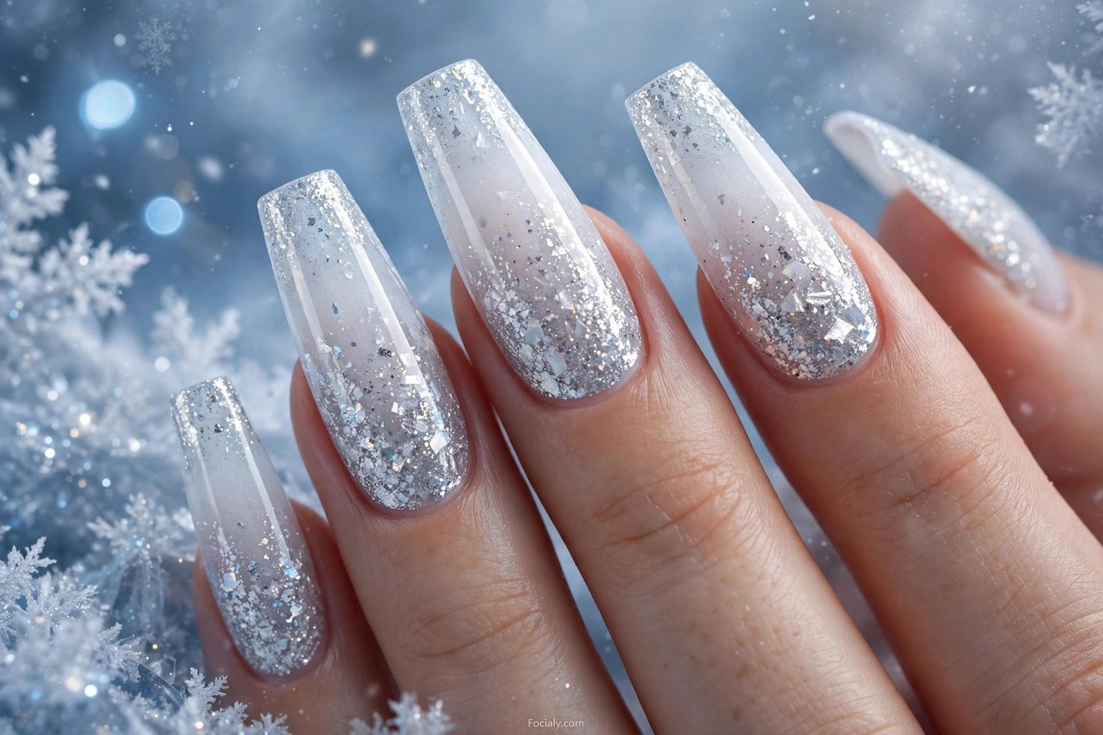 Icy white to silver glitter ombre coffin hoco nails