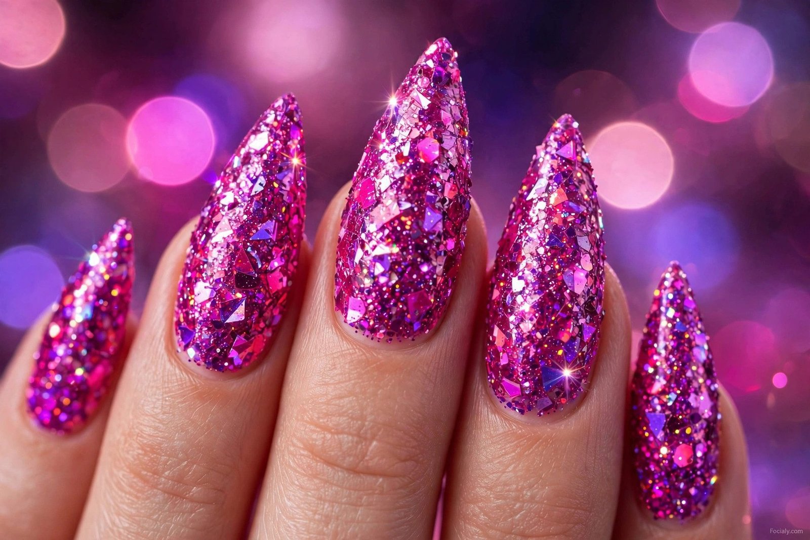 Hot fuchsia pink glitter stiletto hoco nails with chunky sparkle