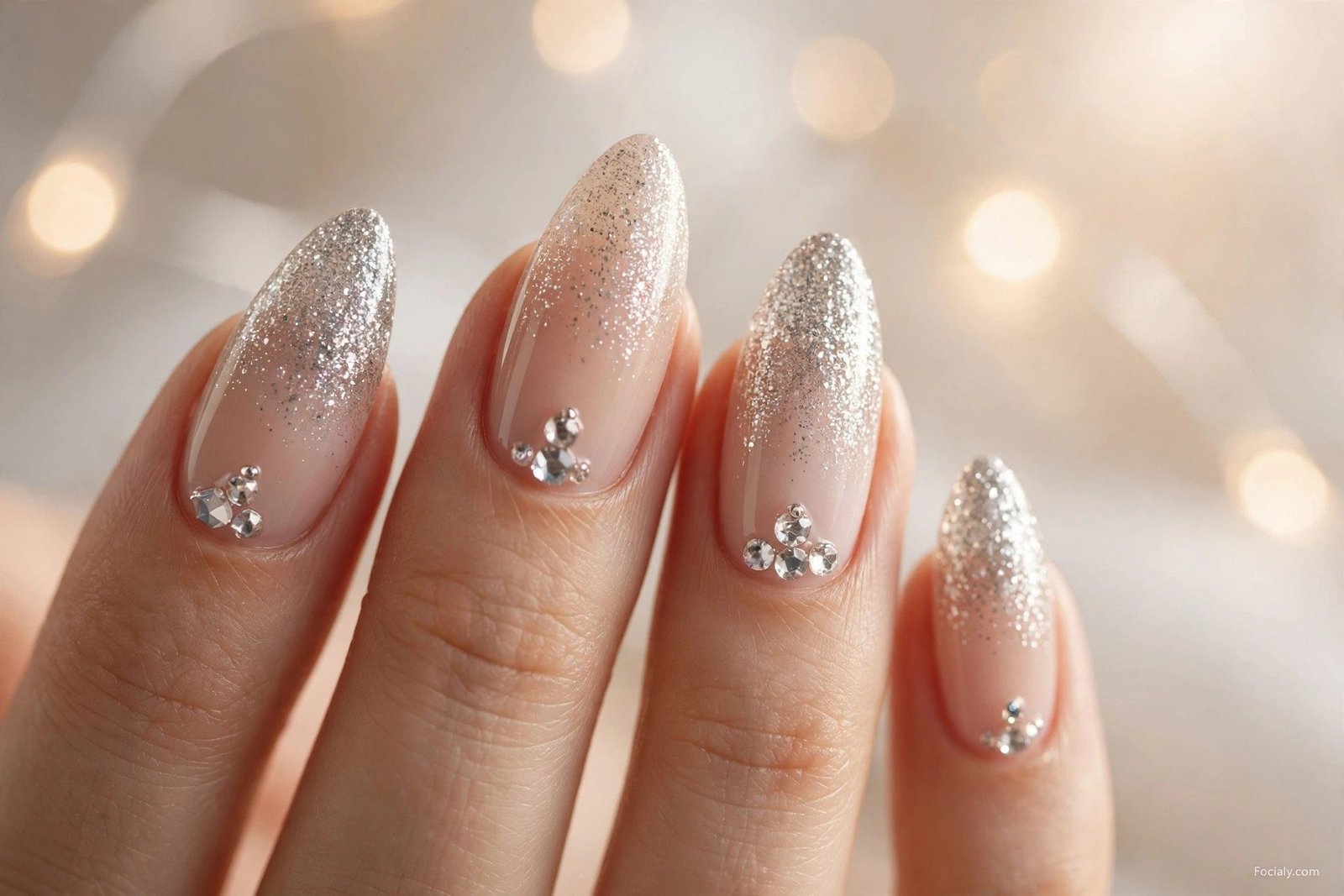 Crystal nude to silver glitter ombre hoco nails with gem accents