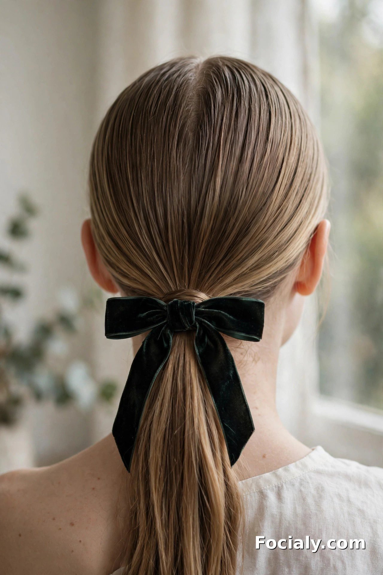 Sleek low ponytail with ribbon homecoming hairstyle