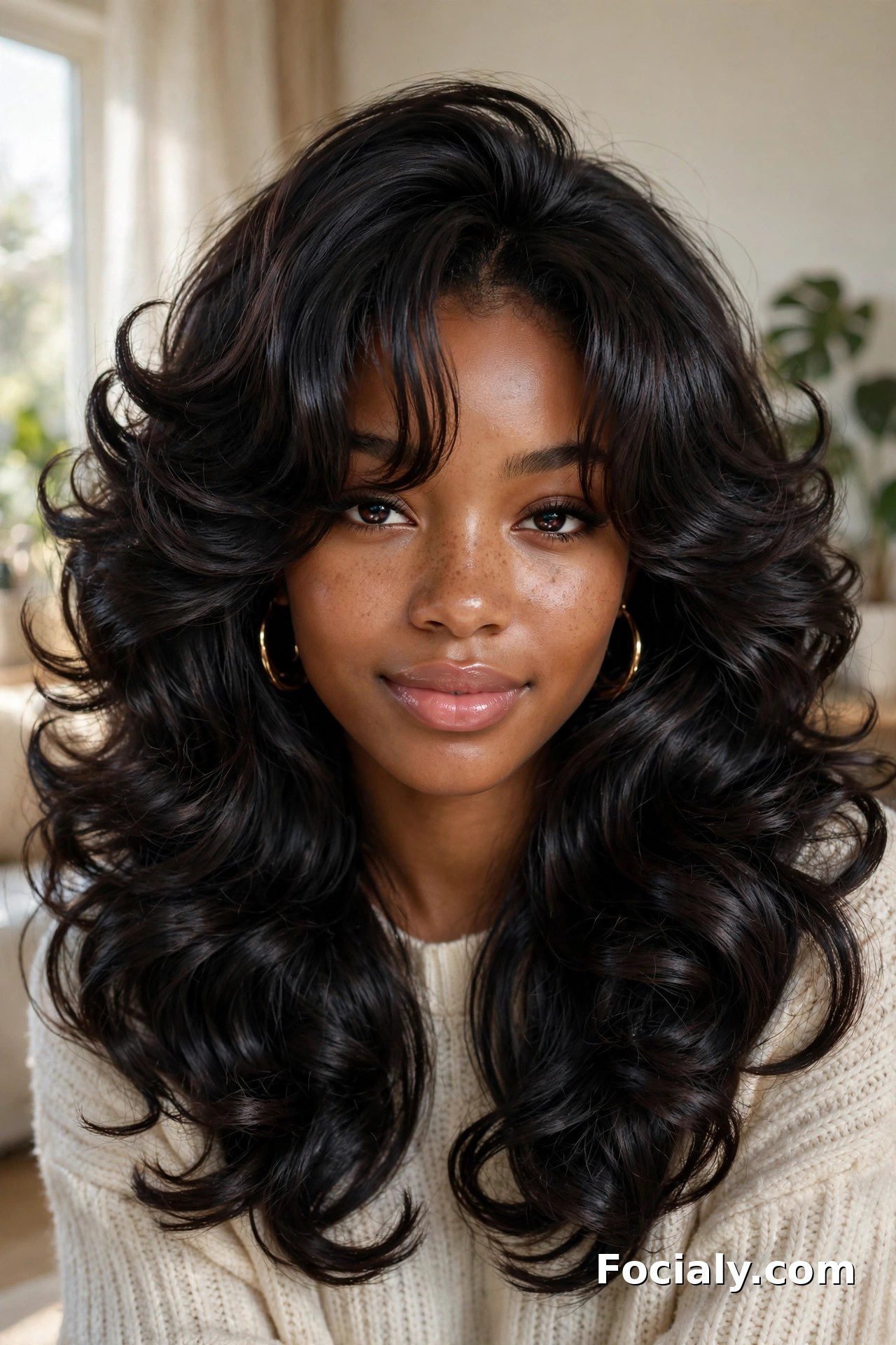 Voluminous blowout with curtain bangs homecoming hairstyle