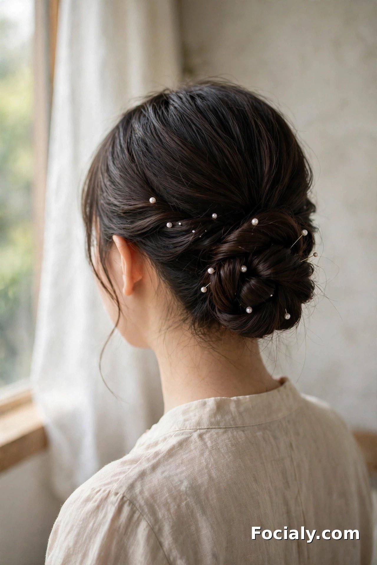Low twisted bun with pearl pins homecoming hairstyle