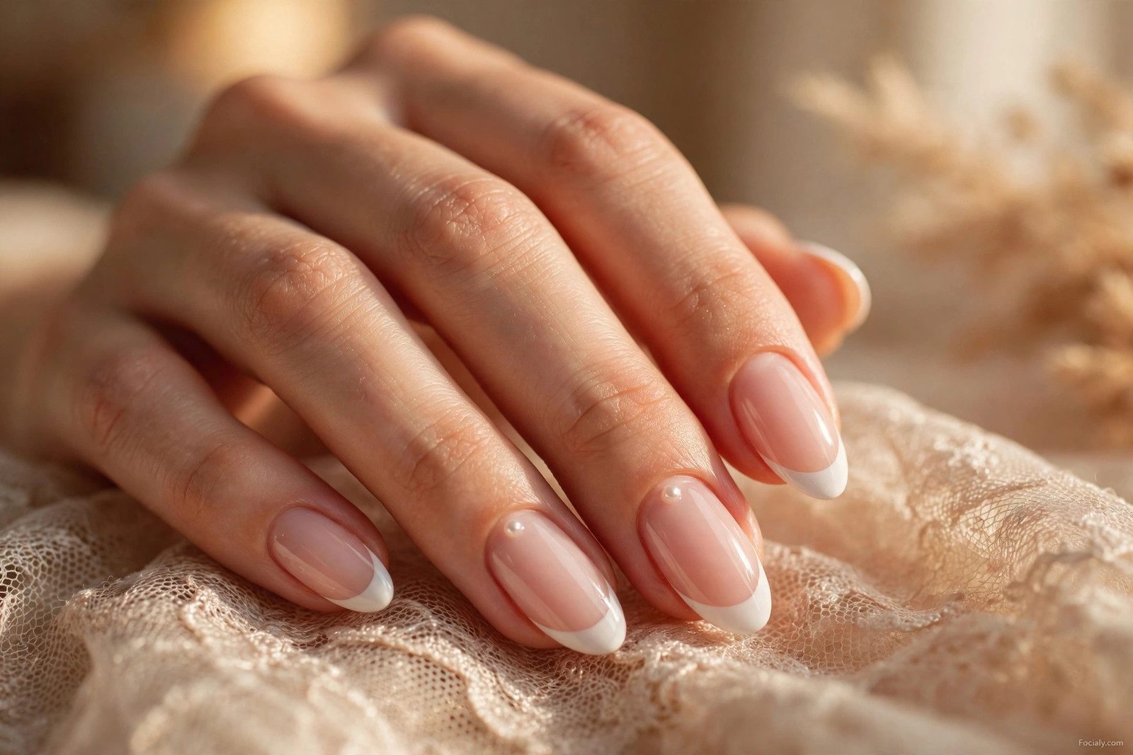 Classic French manicure with pearl accents on almond nails