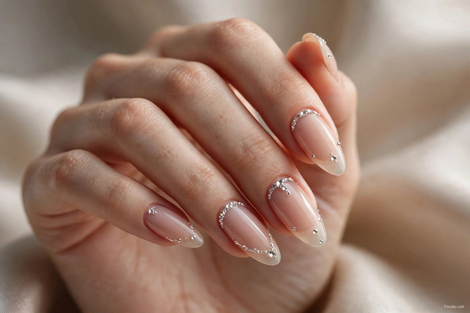 Nude ombre nails with rhinestone accent