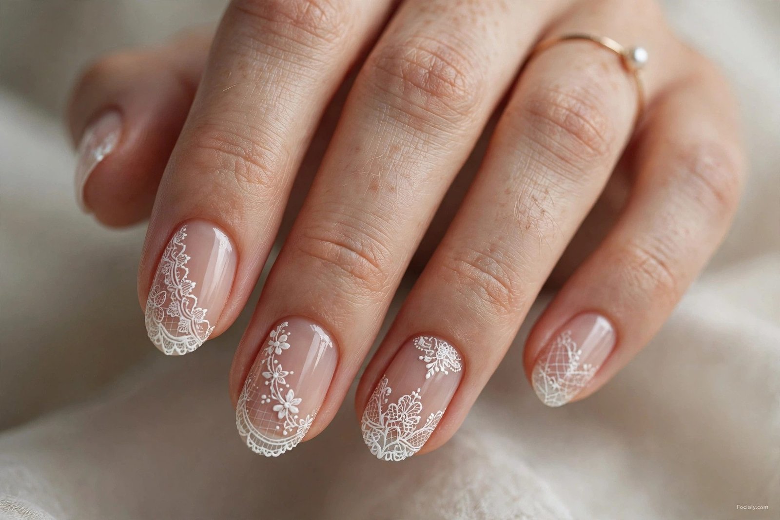 Sheer nude nails with white lace detailing