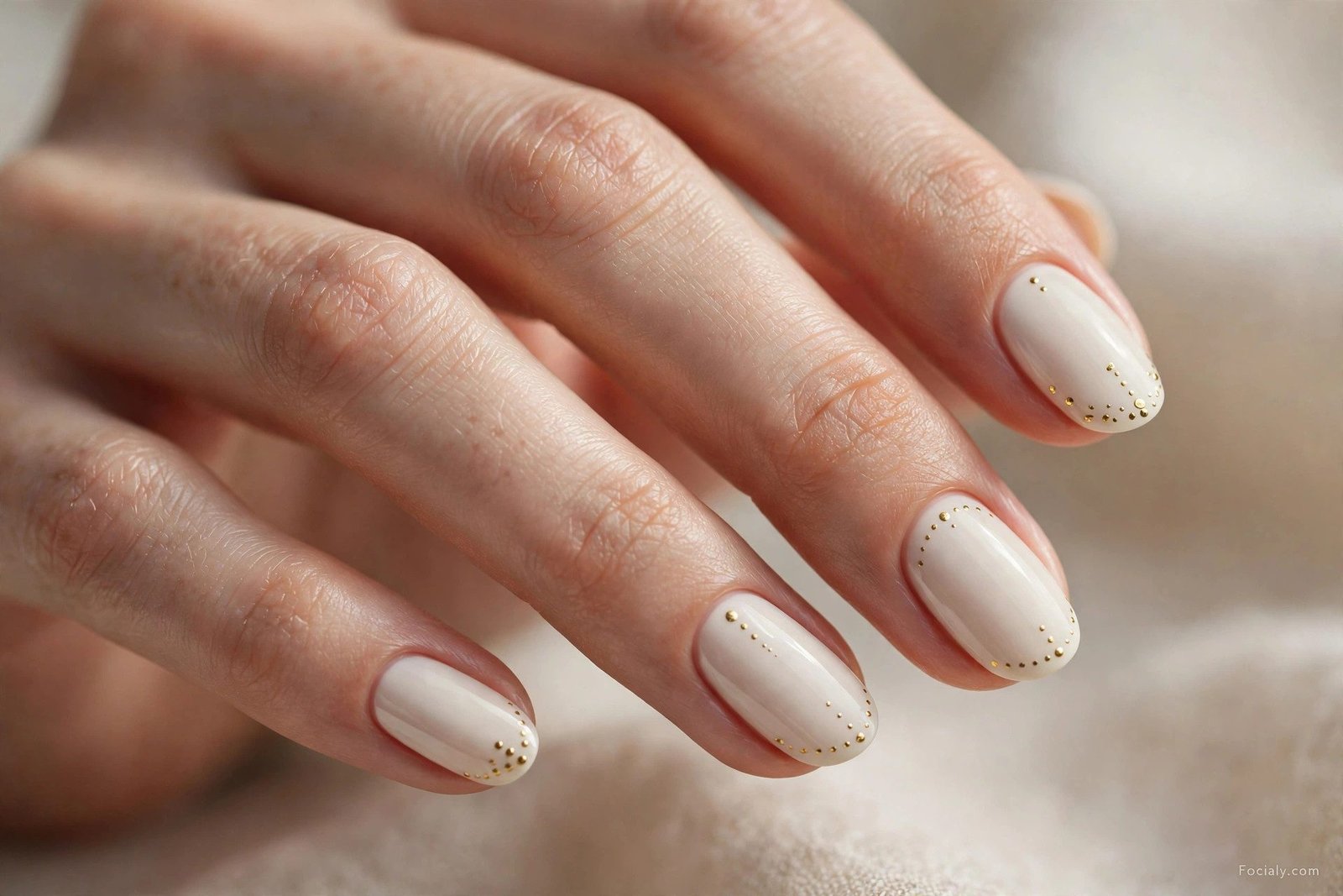 Cream nails with tiny gold dots