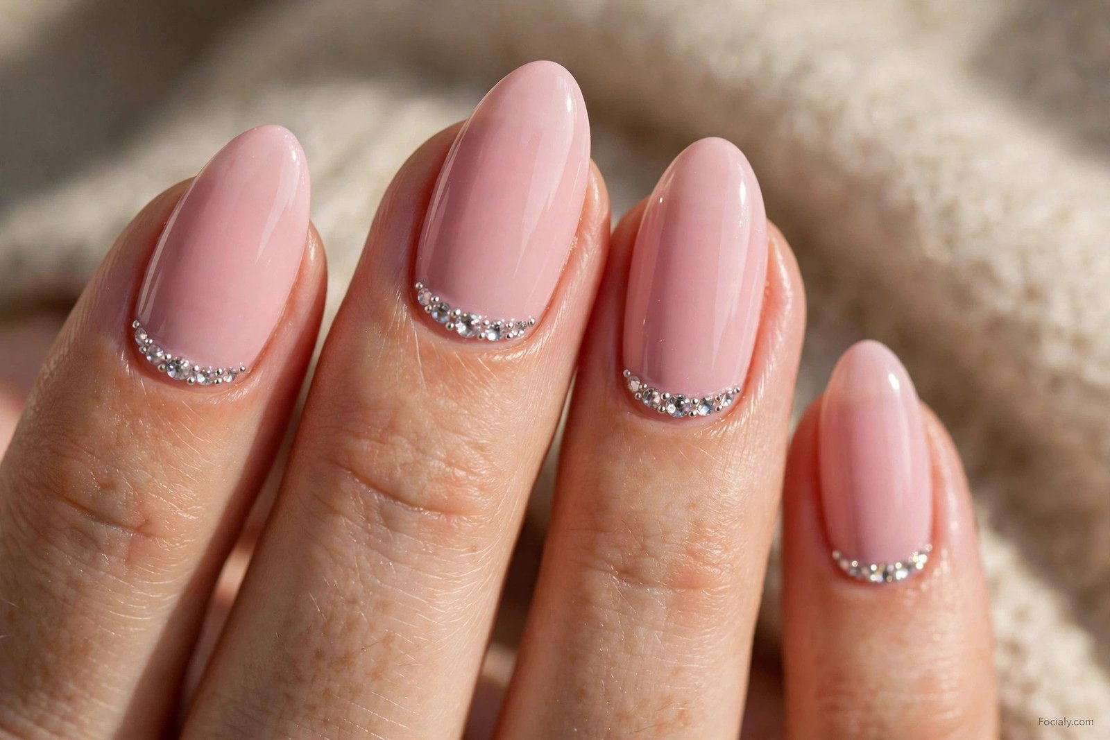 Baby pink nails with crystal cuticle accents