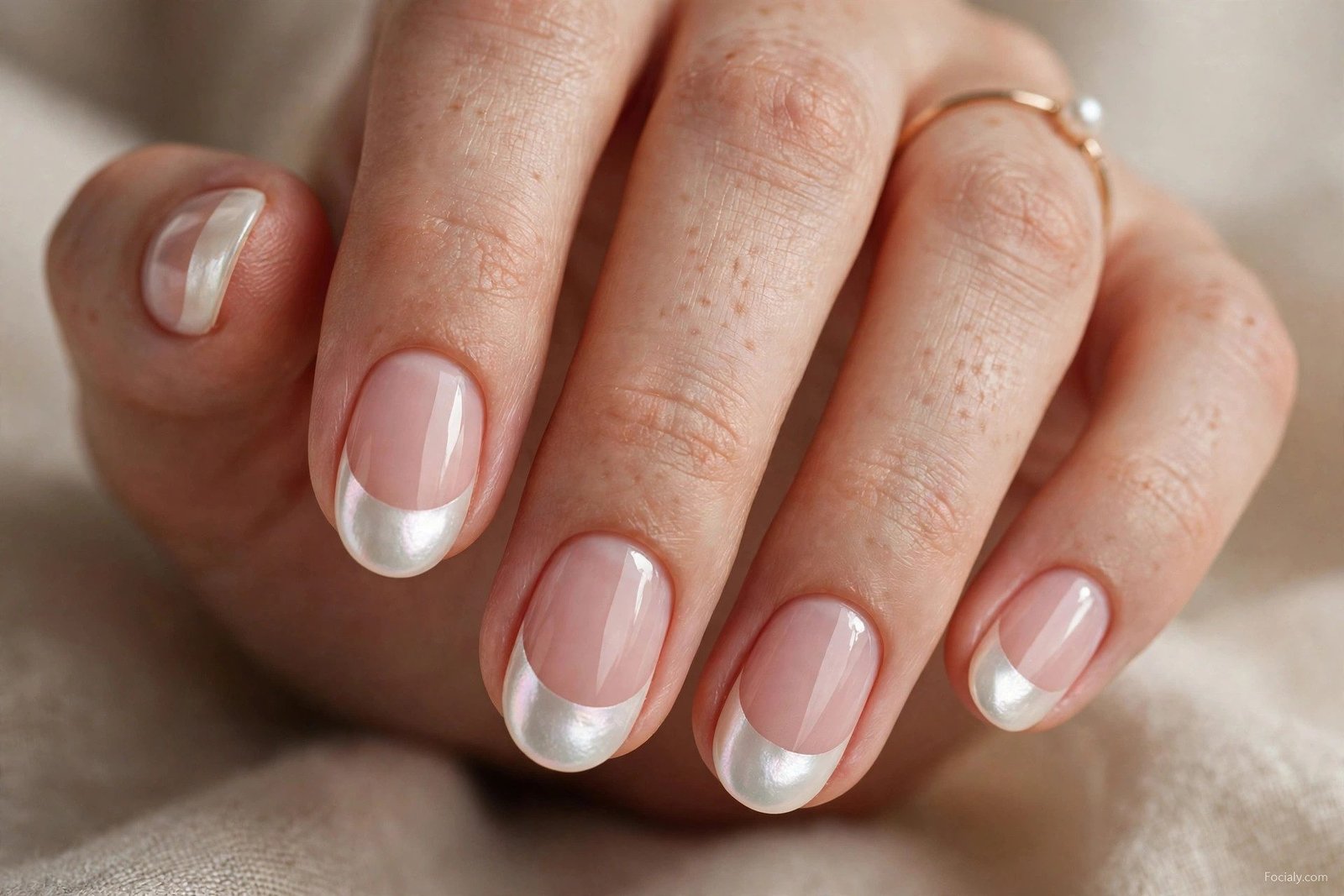 Nude nails with pearl half-moon design