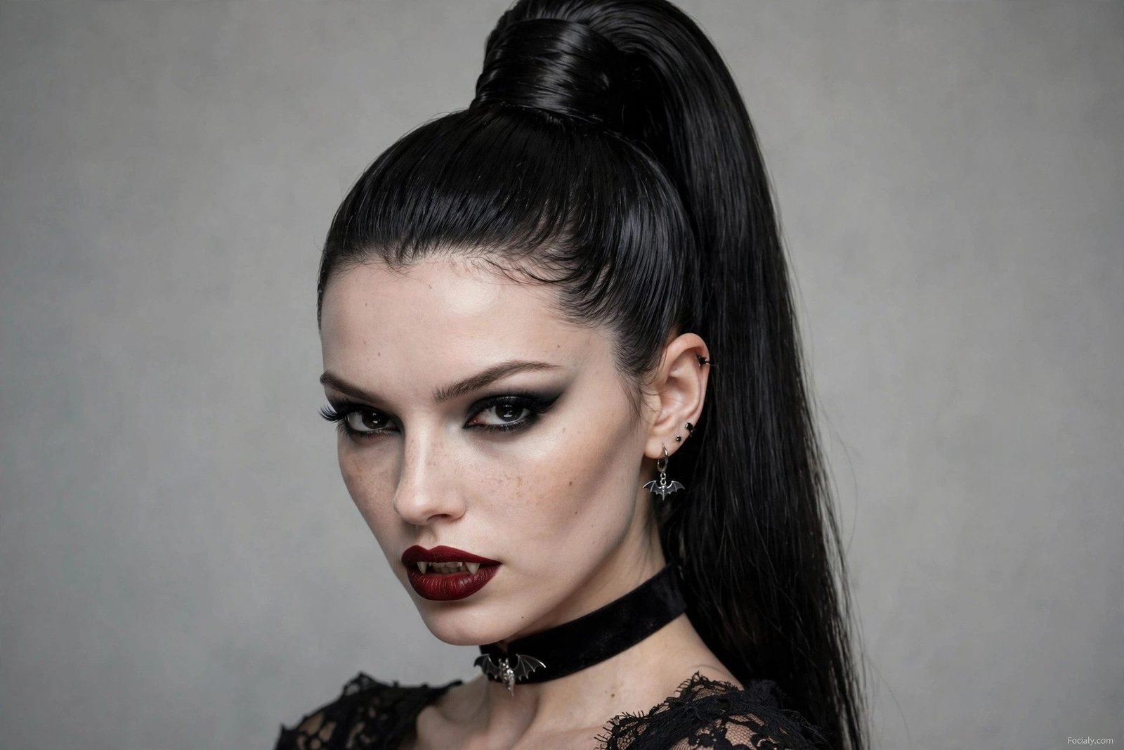 Vampire vixen high ponytail halloween hairstyle idea