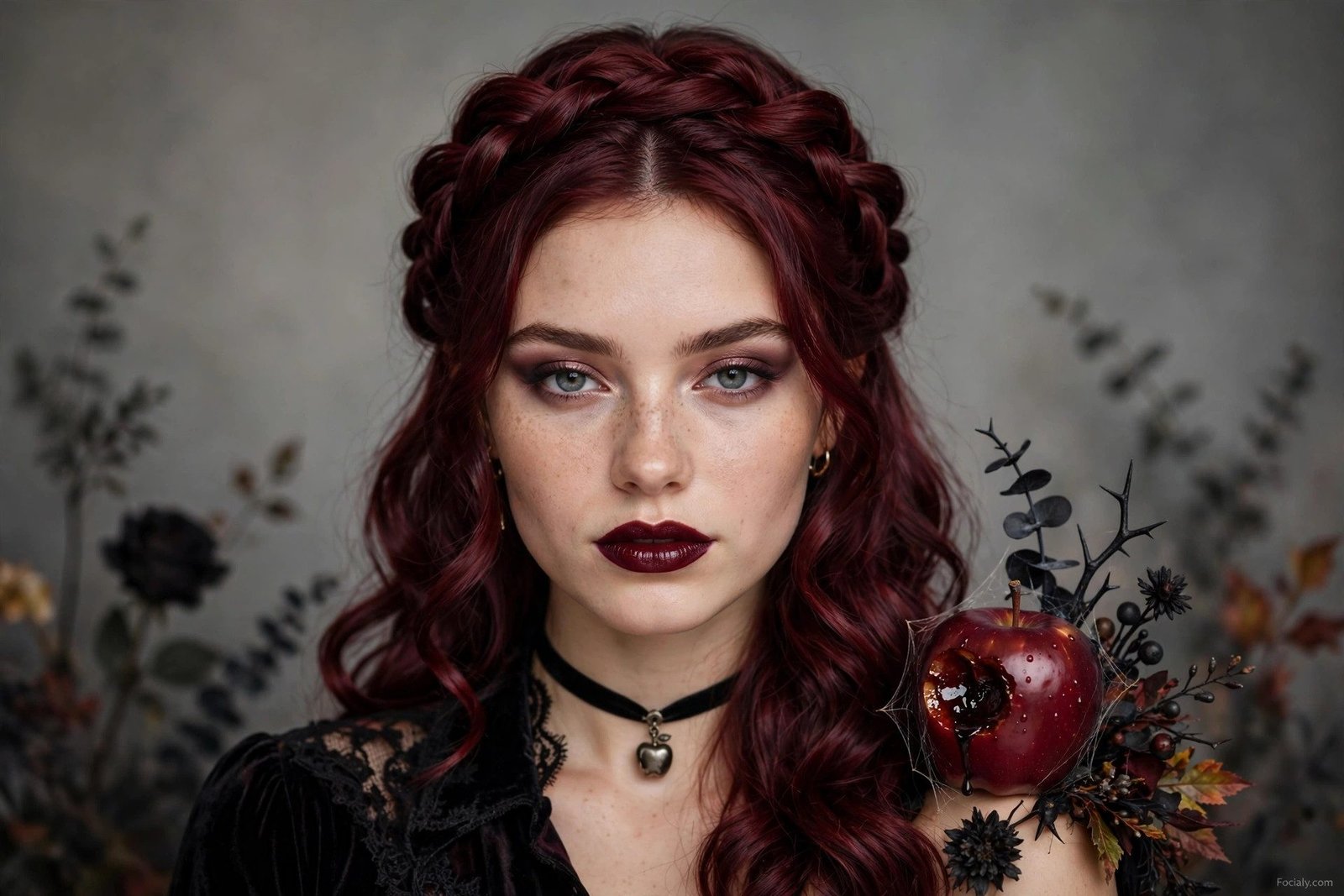 Poison apple half up twist halloween hairstyle idea