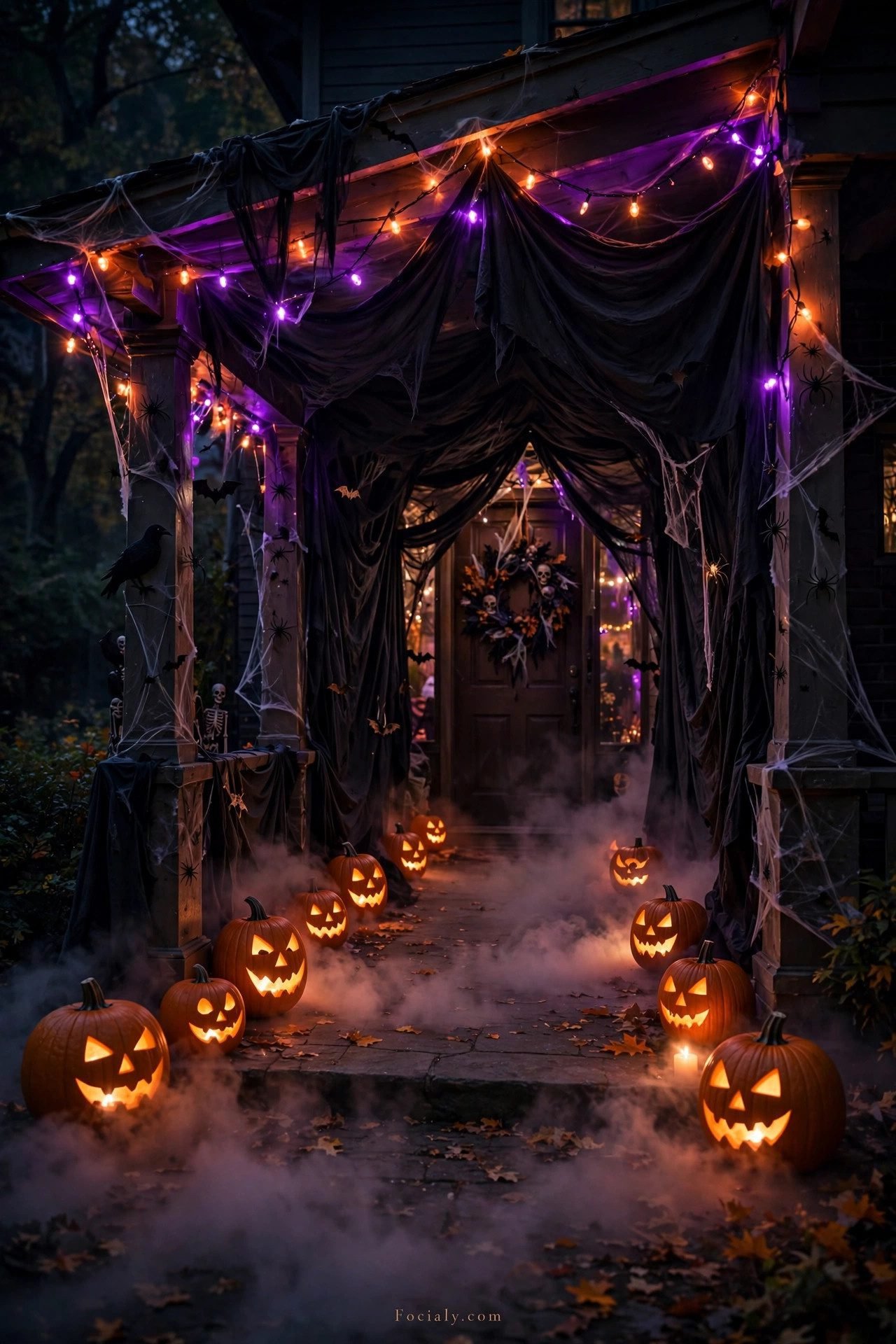Fog-filled Halloween entryway with jack-o'-lanterns and purple lights