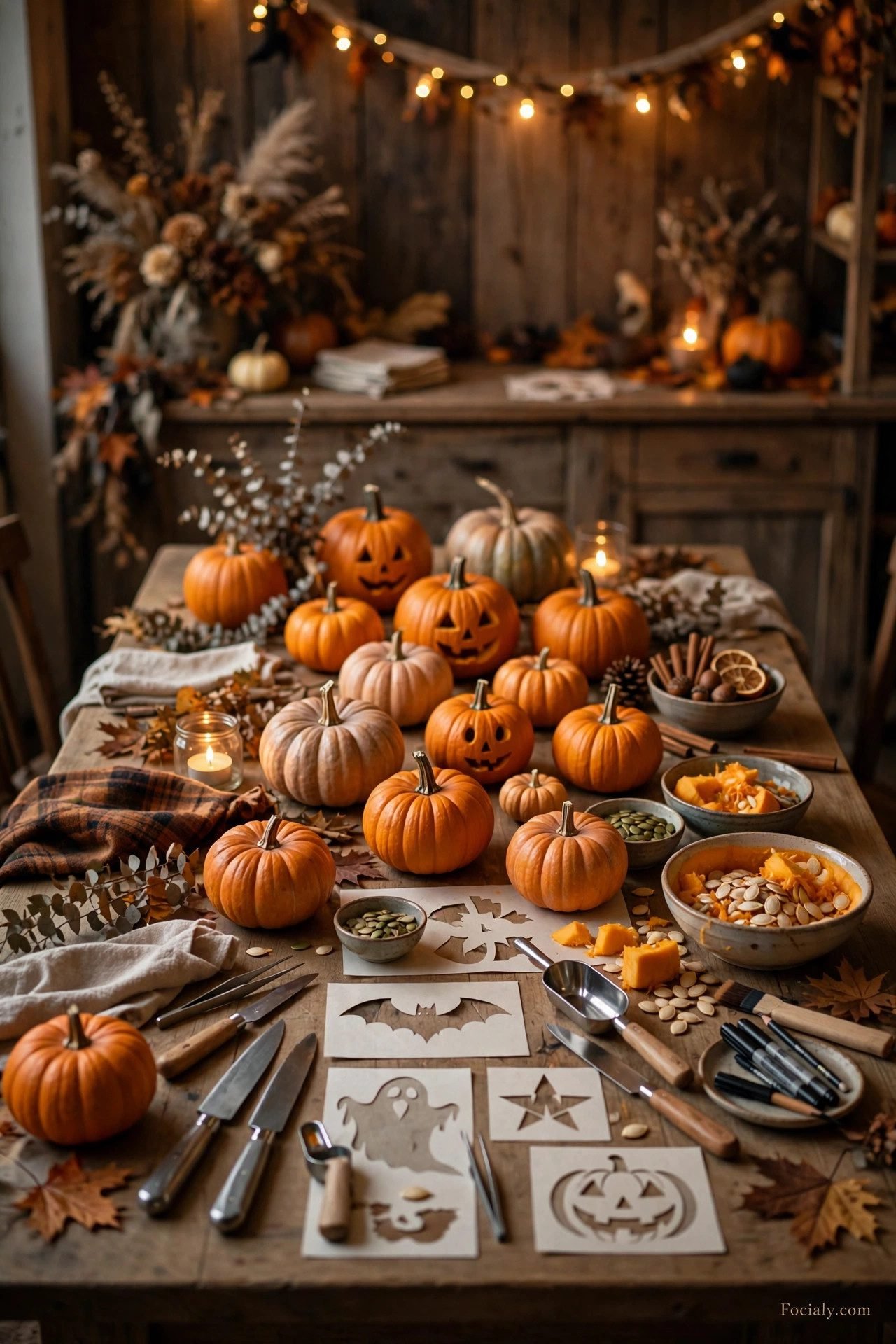 Pumpkin carving station with pumpkins and tools on a party table