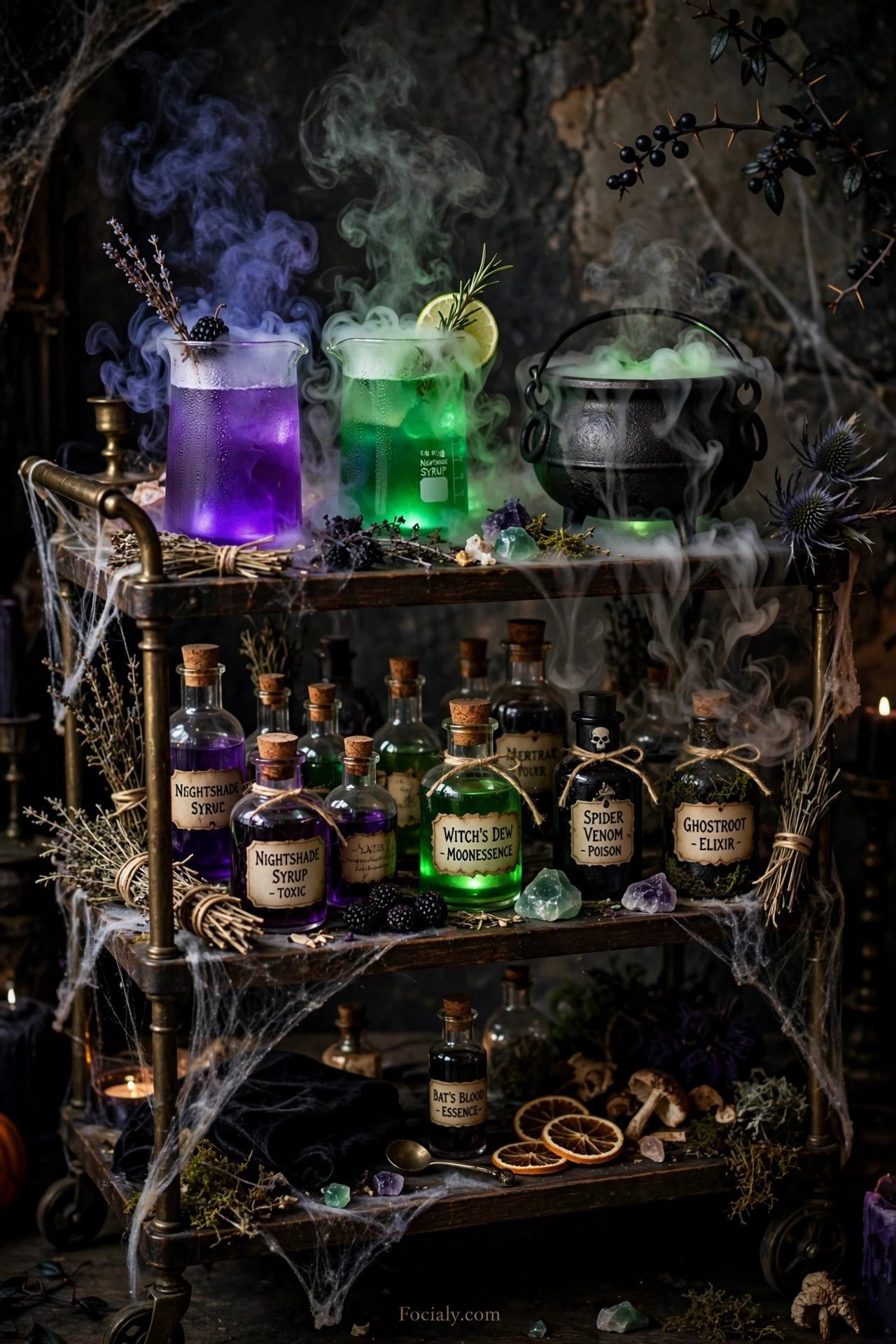 Witch's potion cocktail bar with smoking dry-ice drinks