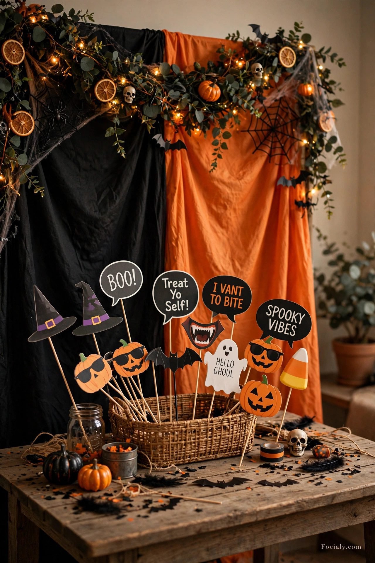 DIY Halloween photo booth with props and orange backdrop