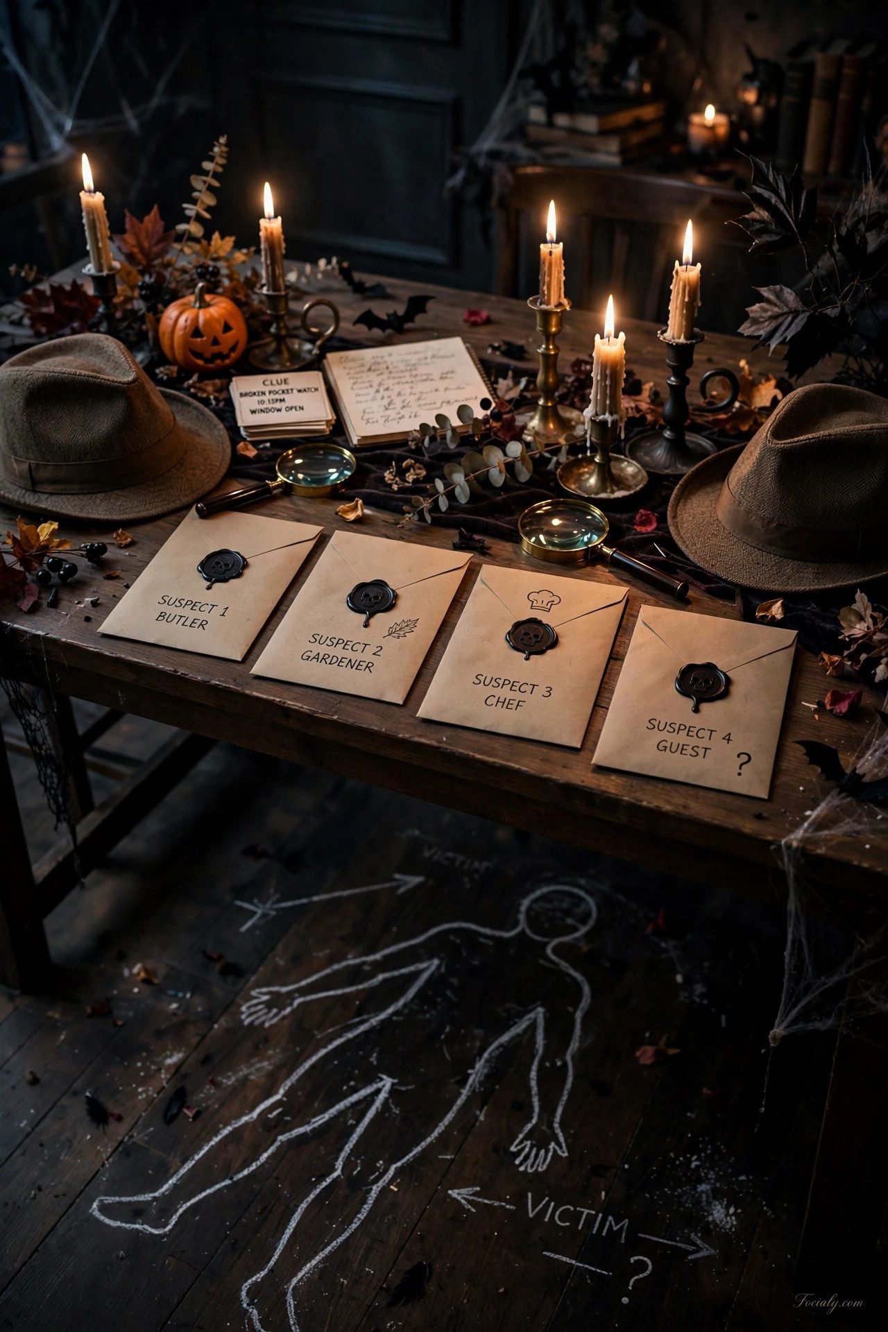 Murder mystery game setup with envelopes and detective props