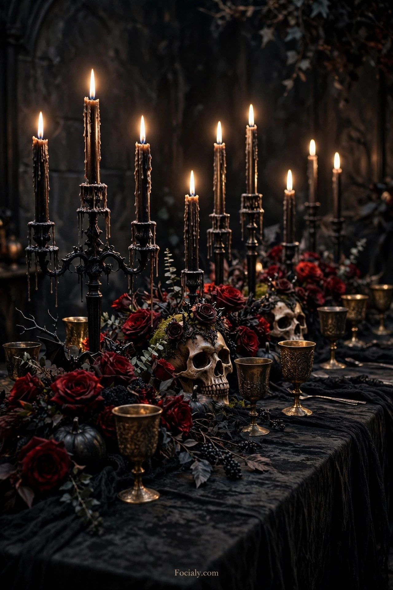 Gothic candlelit Halloween dinner table with skulls and black candles