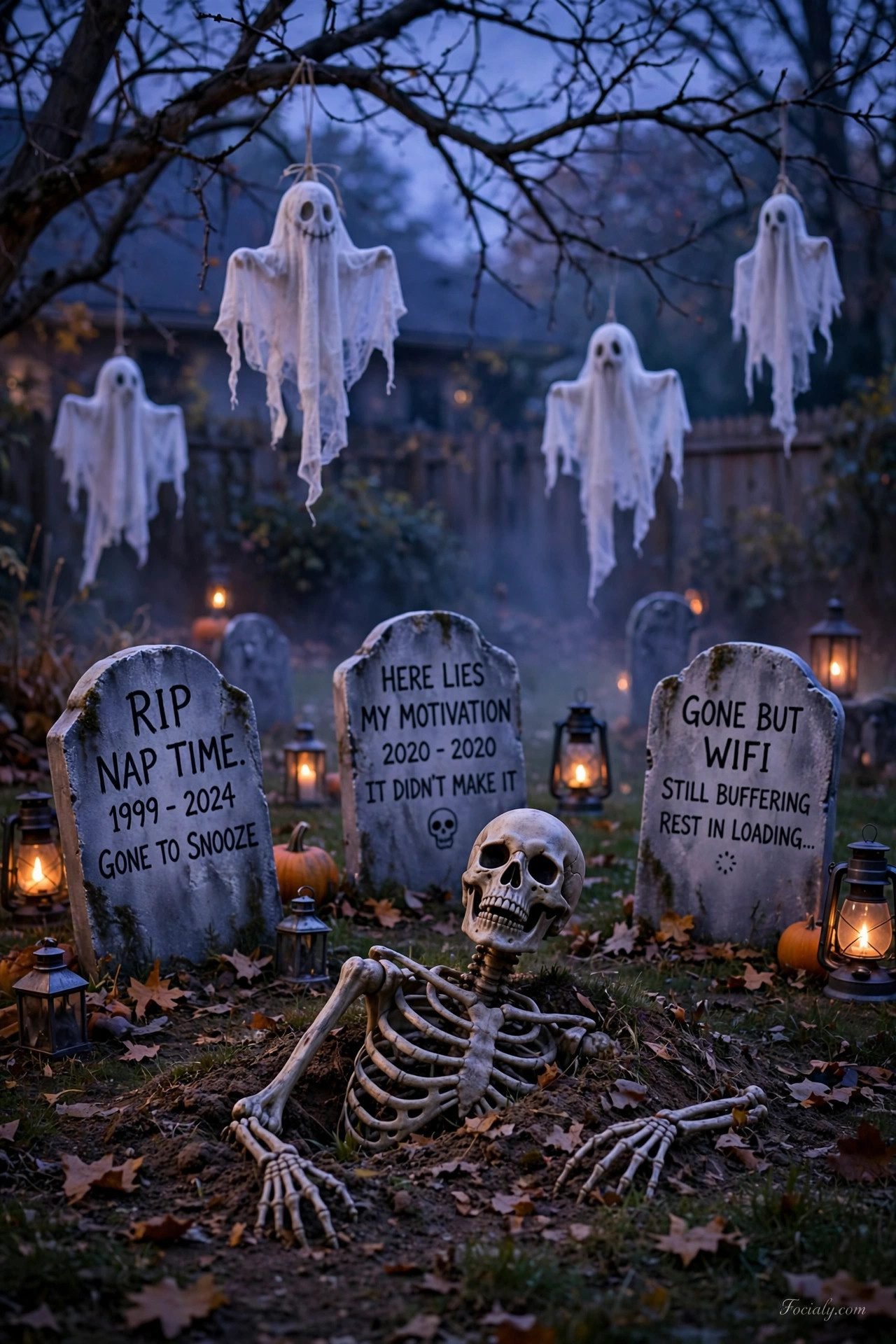 Backyard Halloween graveyard with tombstones and skeleton at dusk