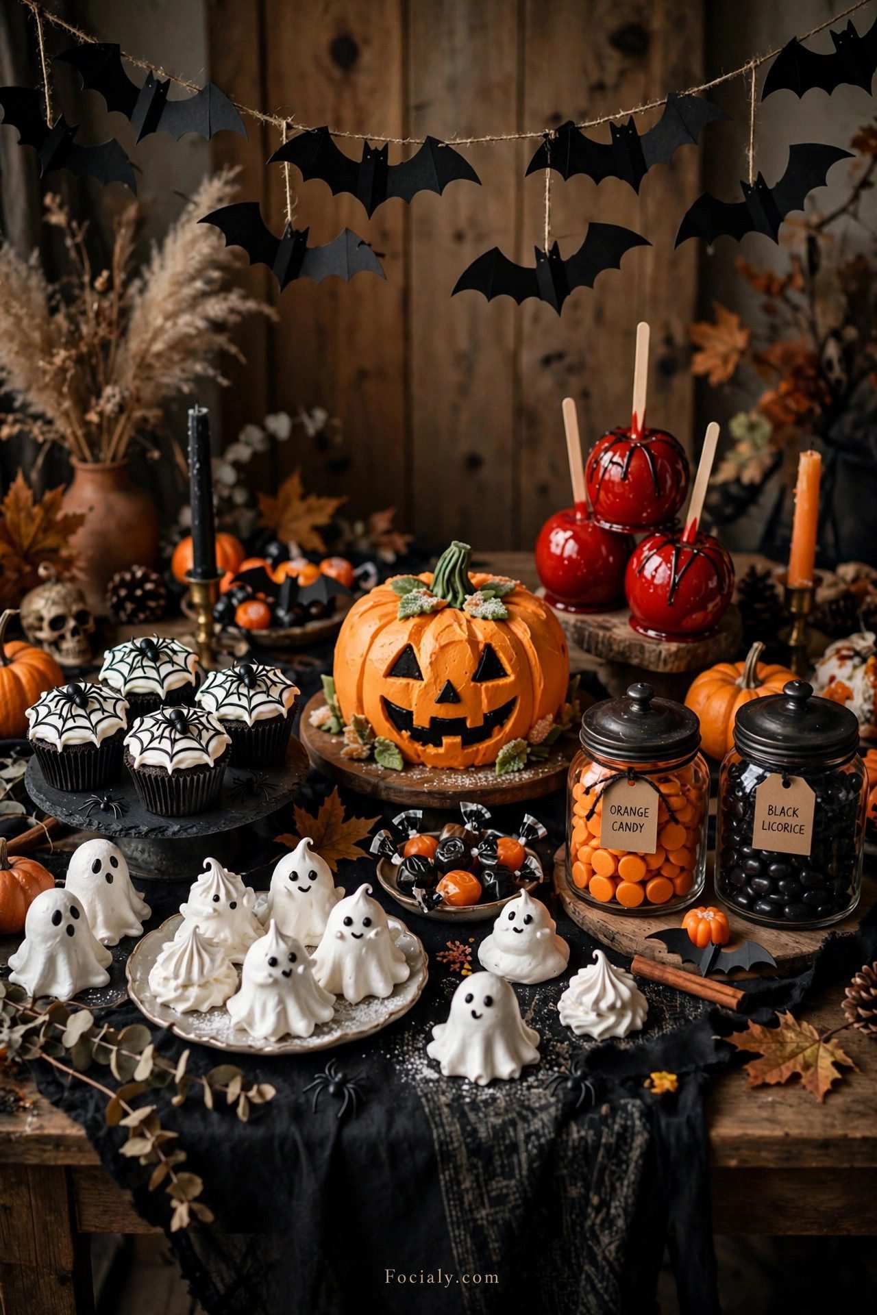 Halloween dessert table with spooky cupcakes and treats