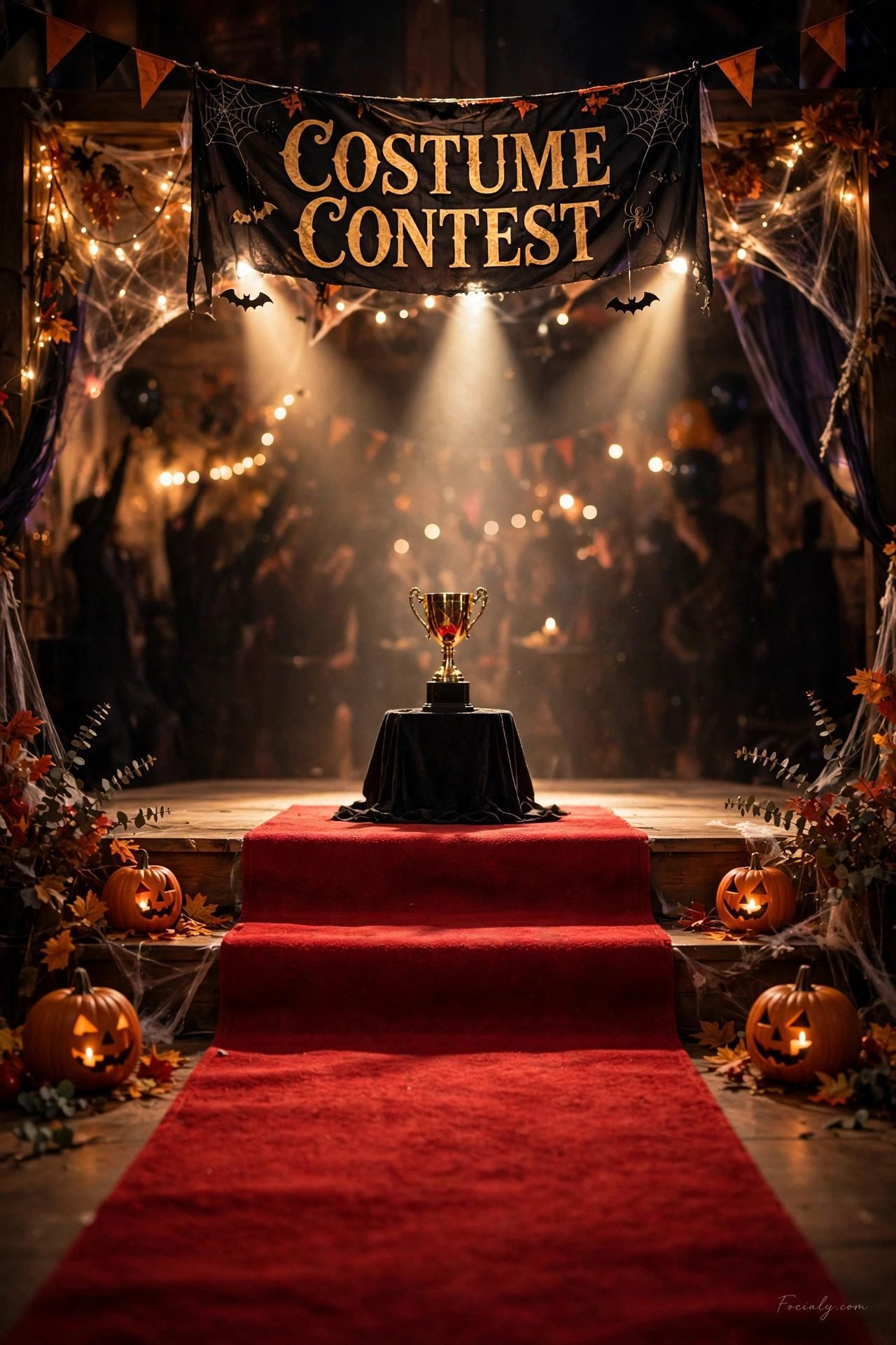 Halloween costume contest runway with trophy and banner