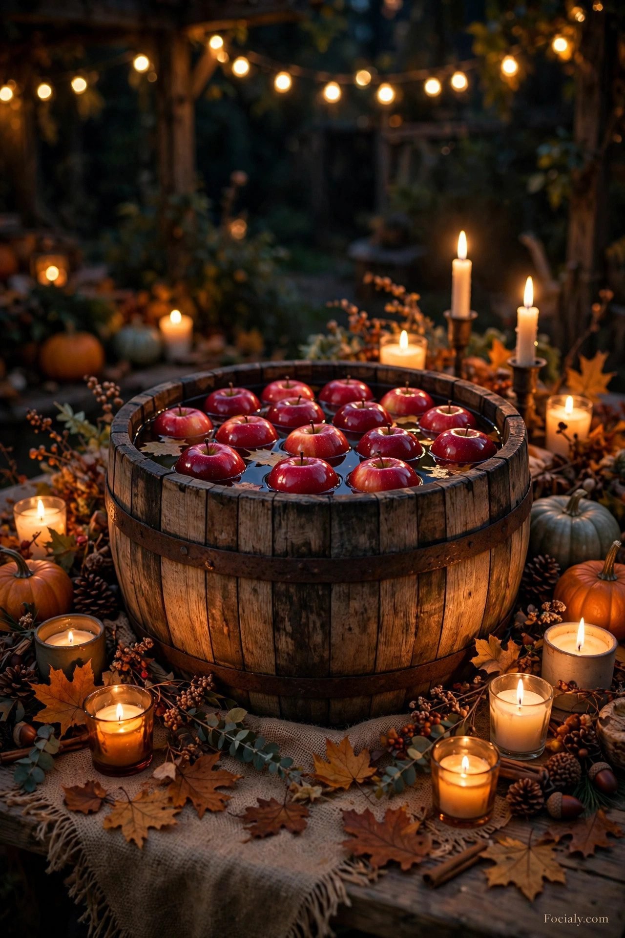 Apple bobbing barrel with red apples at a Halloween party