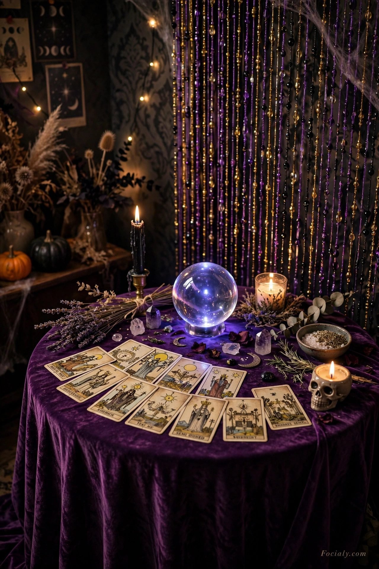 Fortune teller's corner with tarot cards and crystal ball