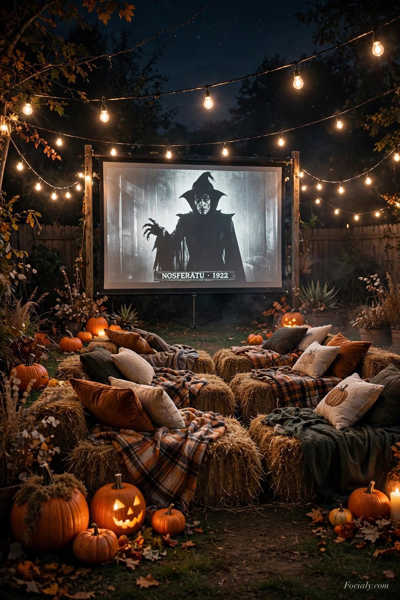 Outdoor Halloween movie screening with projector and blankets
