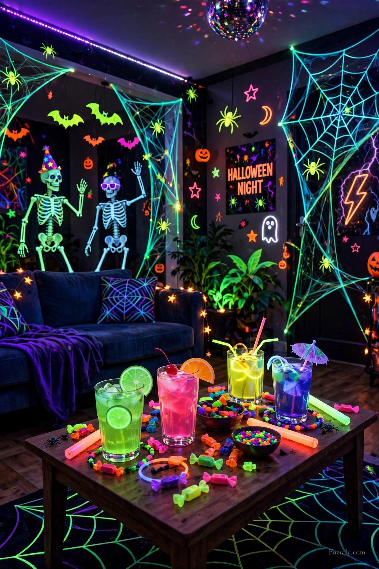 Glow-in-the-dark Halloween dance floor with blacklights