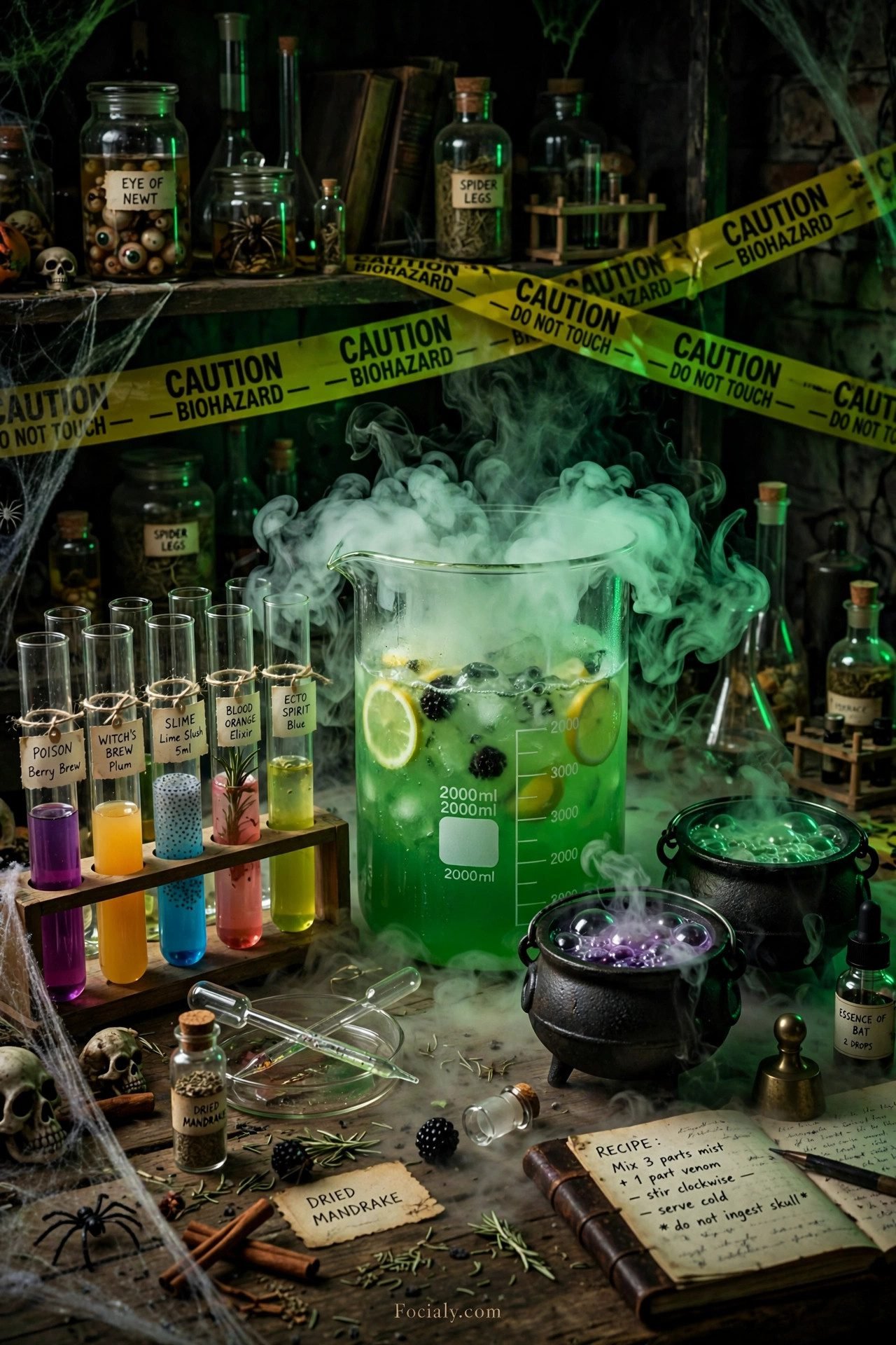 Mad scientist Halloween drink lab with beakers and smoking punch