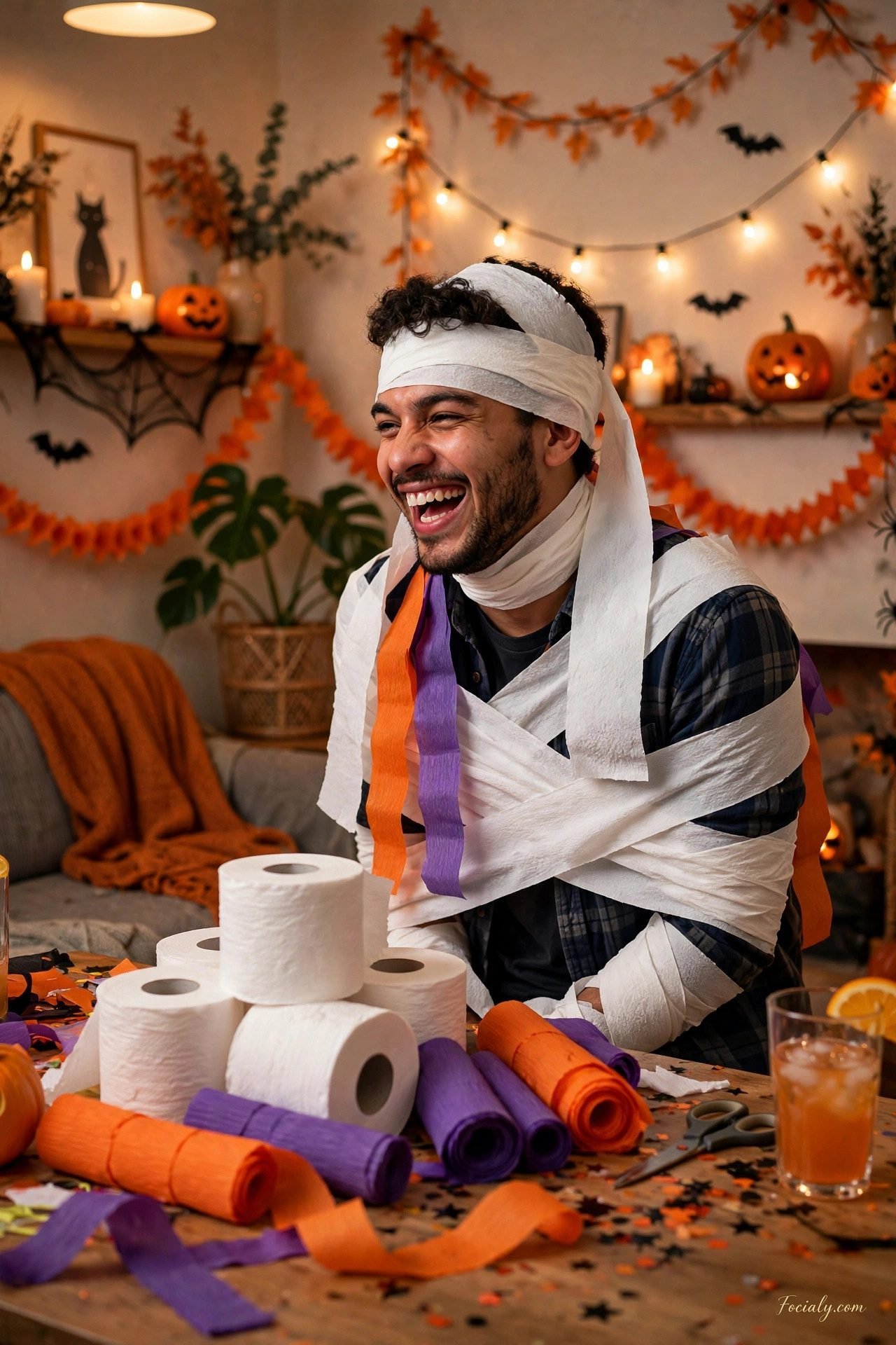 Mummy wrap relay game with toilet paper at a Halloween party