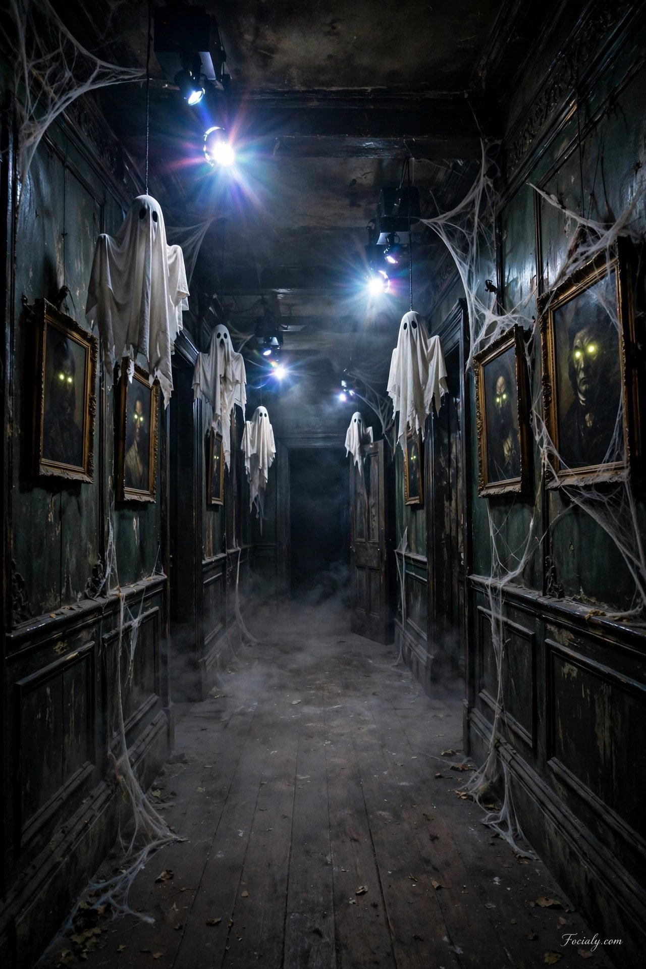 Haunted hallway with hanging ghosts and glowing portraits