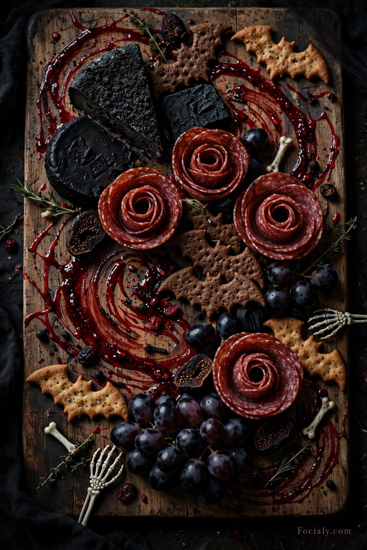 Halloween charcuterie board with bloody jam and spooky snacks