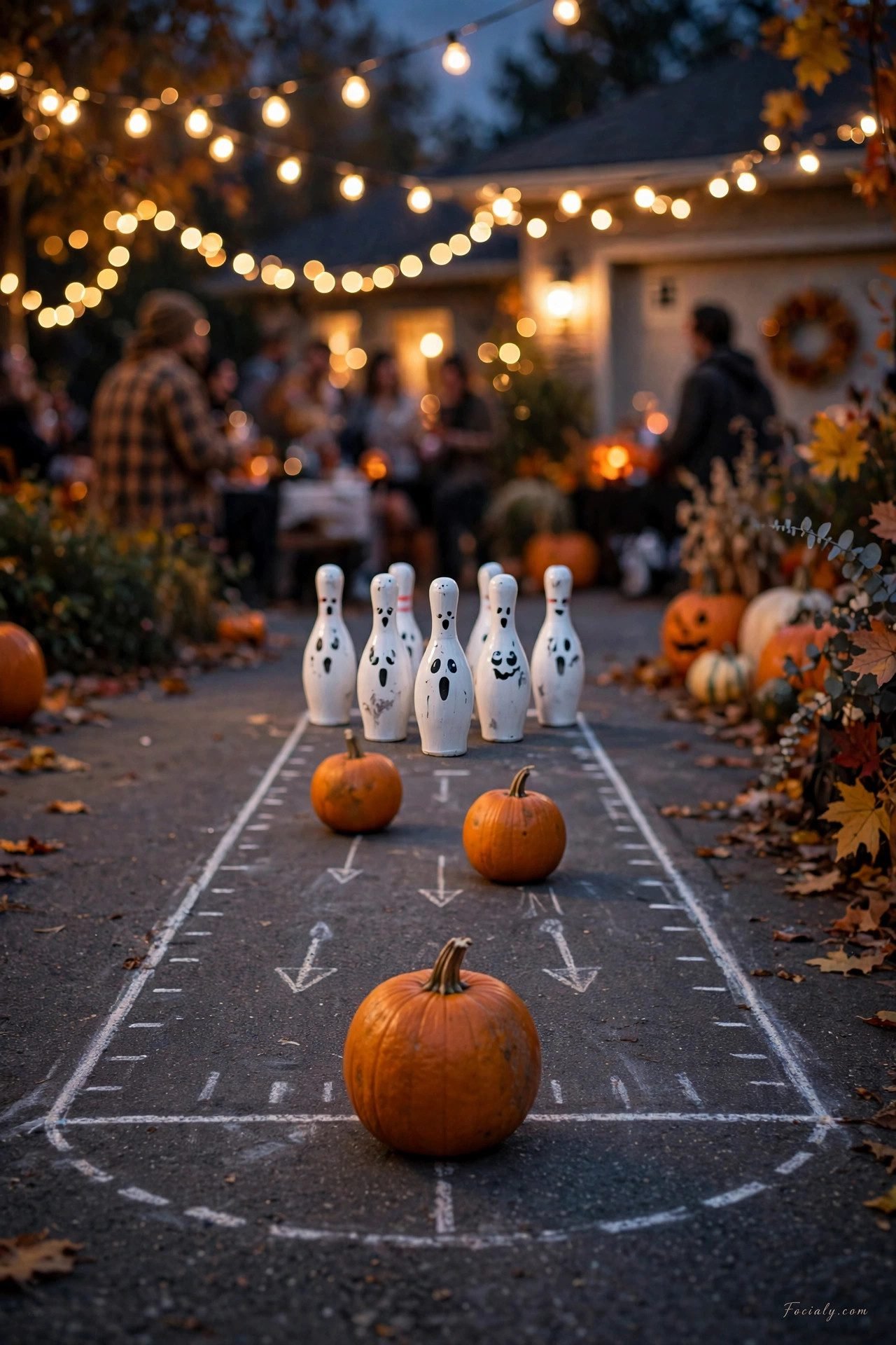 Pumpkin bowling game with ghost pins in a driveway